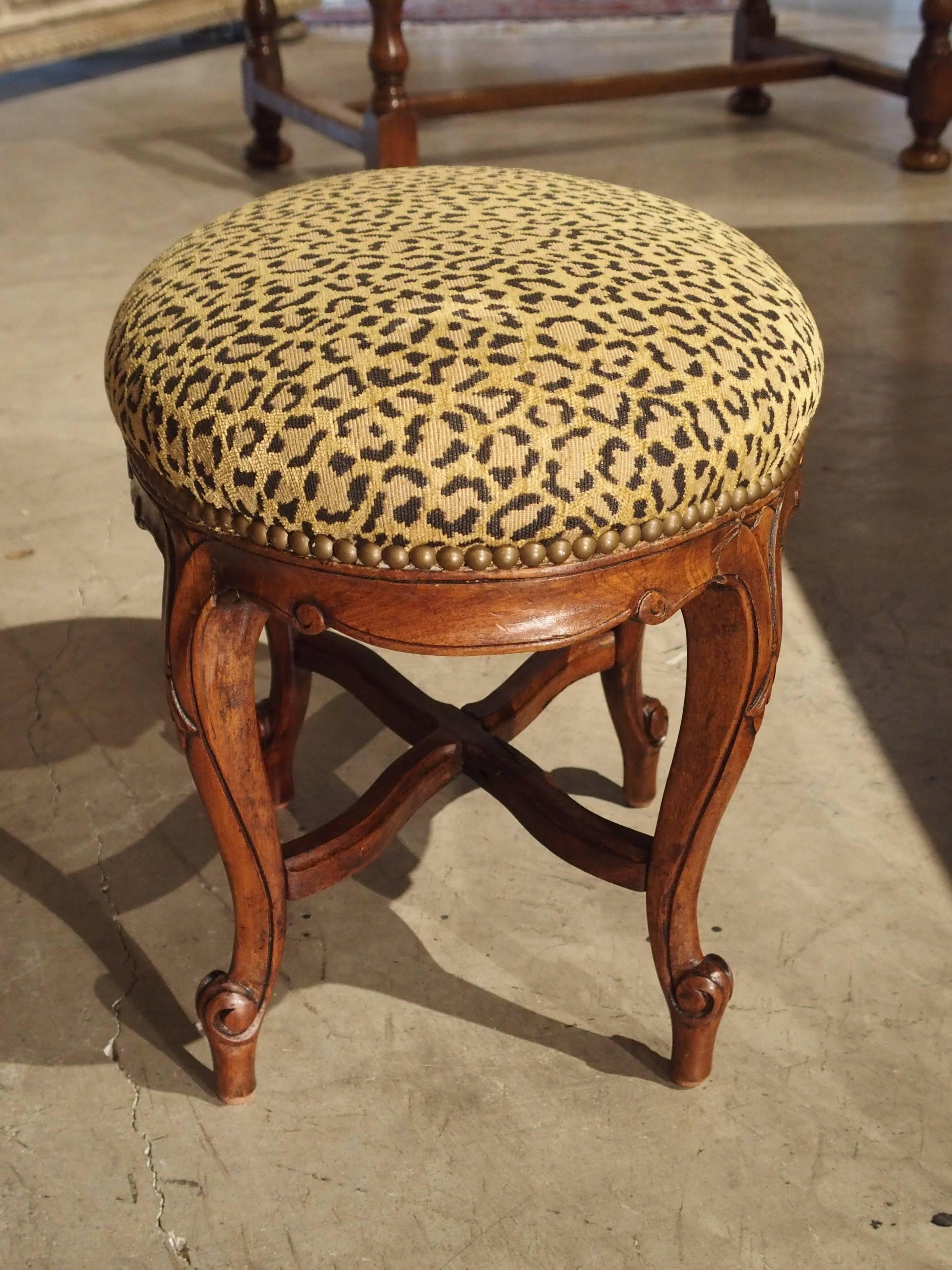 Carved Small Louis XV Style Walnut Wood Stool from France