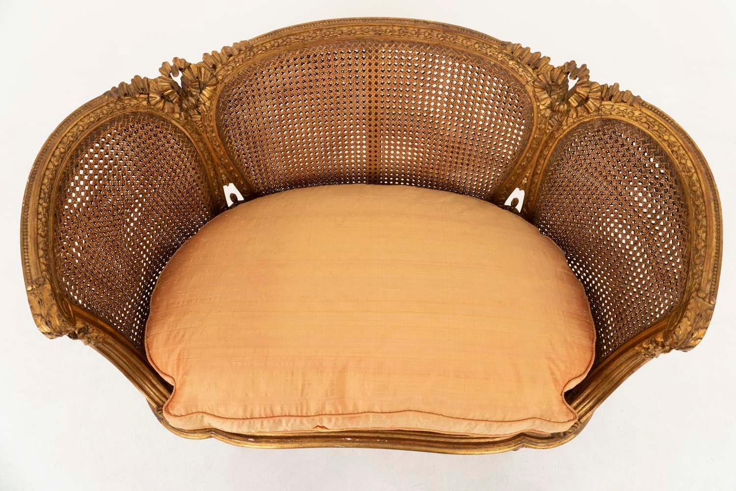 French Small Louis XVI Style Cane Sofa in Giltwood, circa 1880