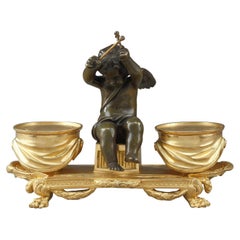 Antique Small Louis XVI-Style Inkwell "Cupid Playing Timbales"