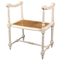 Small Louis XVI Style Piano Bench In White Lacquered Wood And Canework