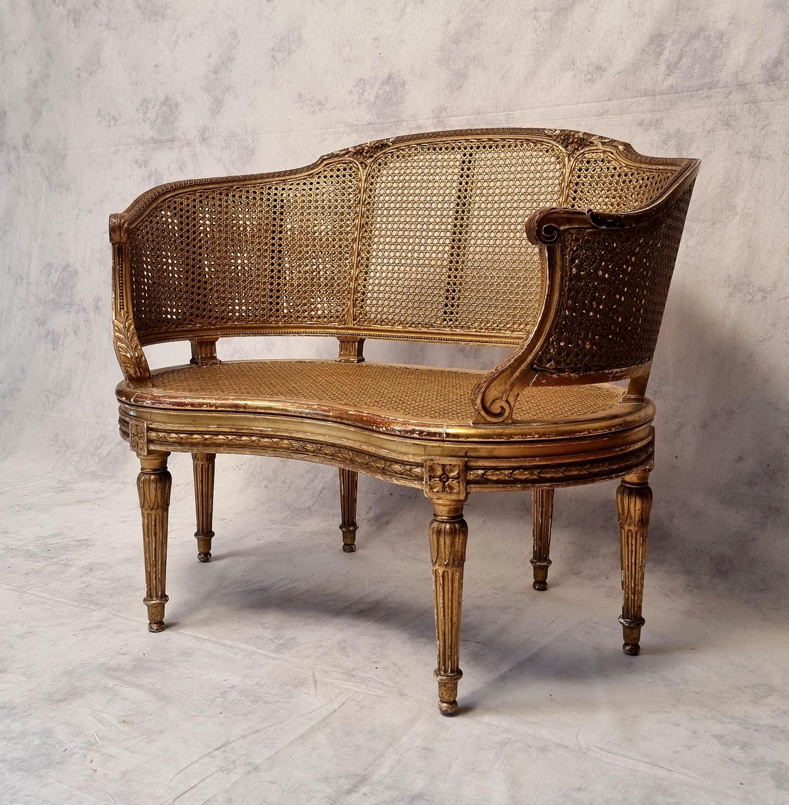 Small Louis XVI style caned sofa from the Napoleon III period. Quality work in gilded wood and beautifully patinated very decorative. The bean-shaped seat rests on four tapered and fluted legs typically Louis XVI decorated with acanthus leaves. This