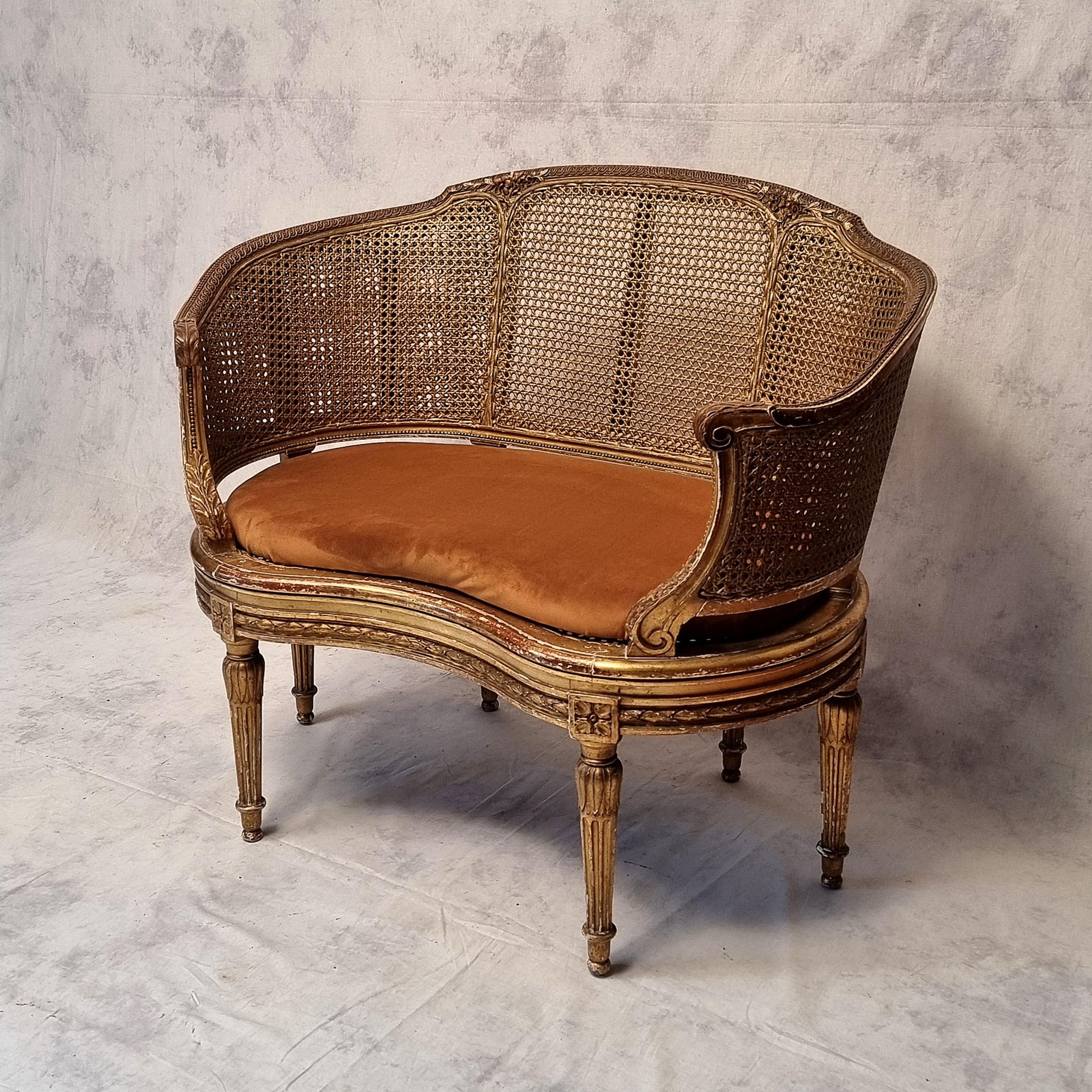 French Small Louis XVI Style Sofa - Caning & Golden Wood - 19th