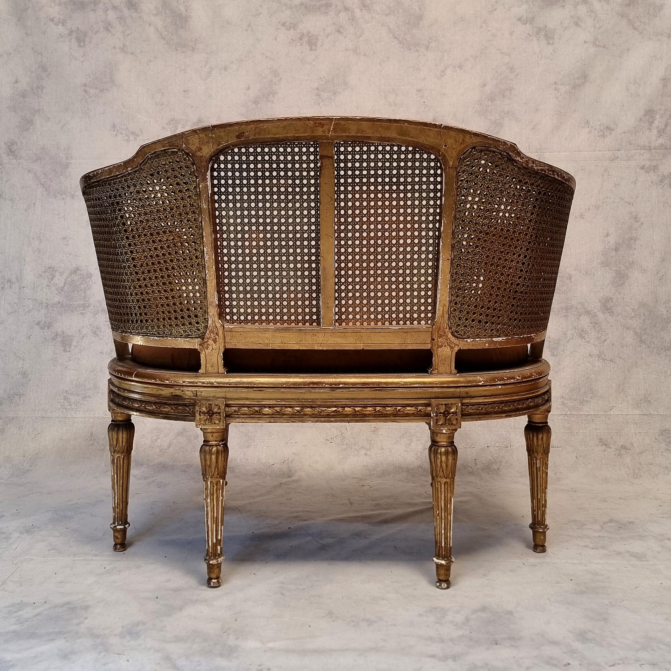 Small Louis XVI Style Sofa - Caning & Golden Wood - 19th 1