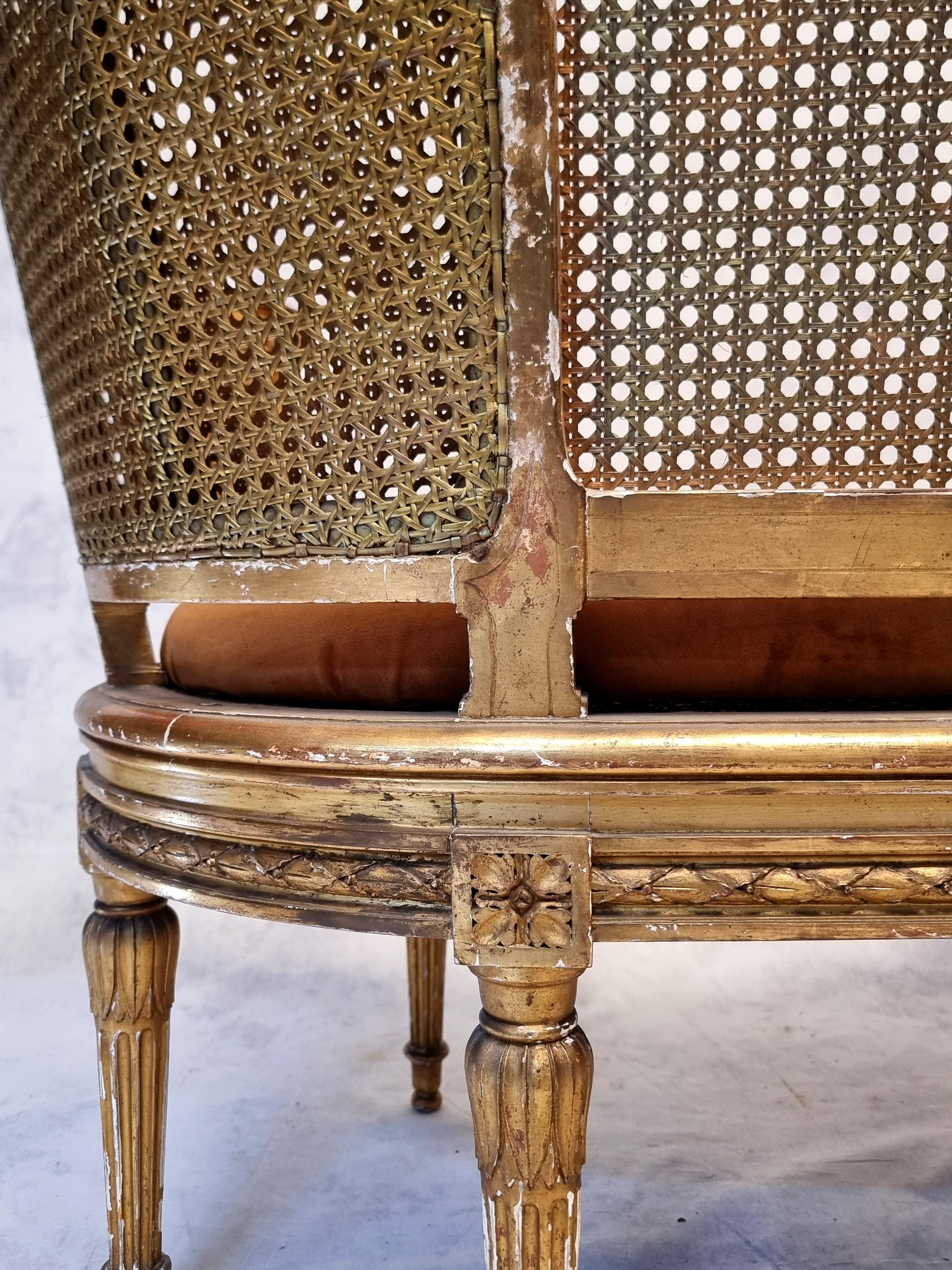 Small Louis XVI Style Sofa - Caning & Golden Wood - 19th 2