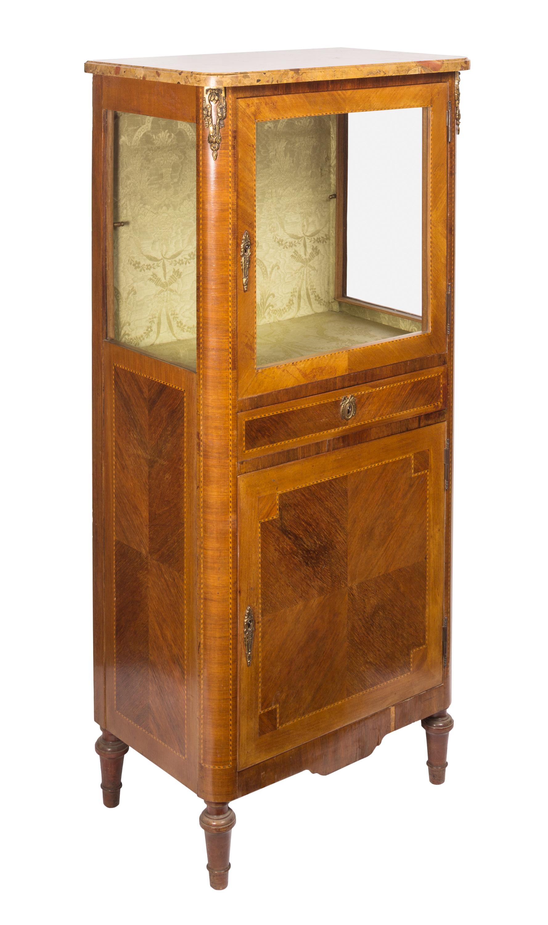 French Small Louis XVI Style Vitrine with Marquetry, Ormolu Hardware and Marble Top For Sale