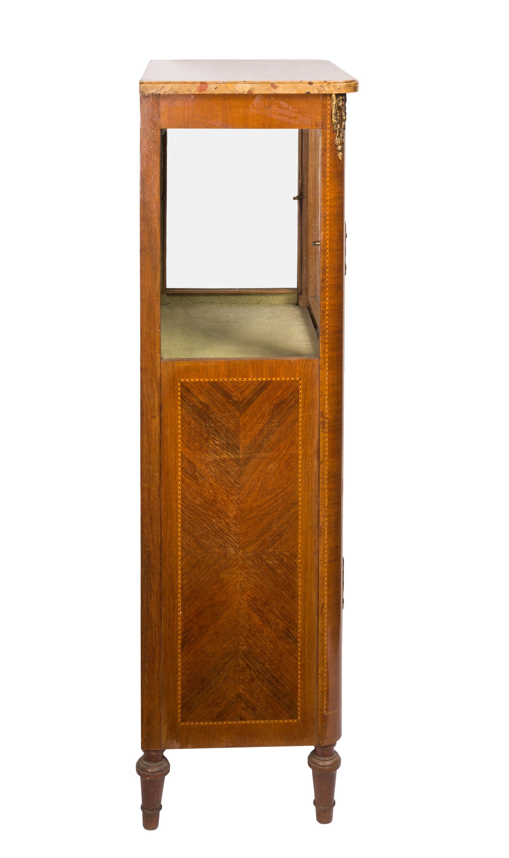 Joinery Small Louis XVI Style Vitrine with Marquetry, Ormolu Hardware and Marble Top For Sale