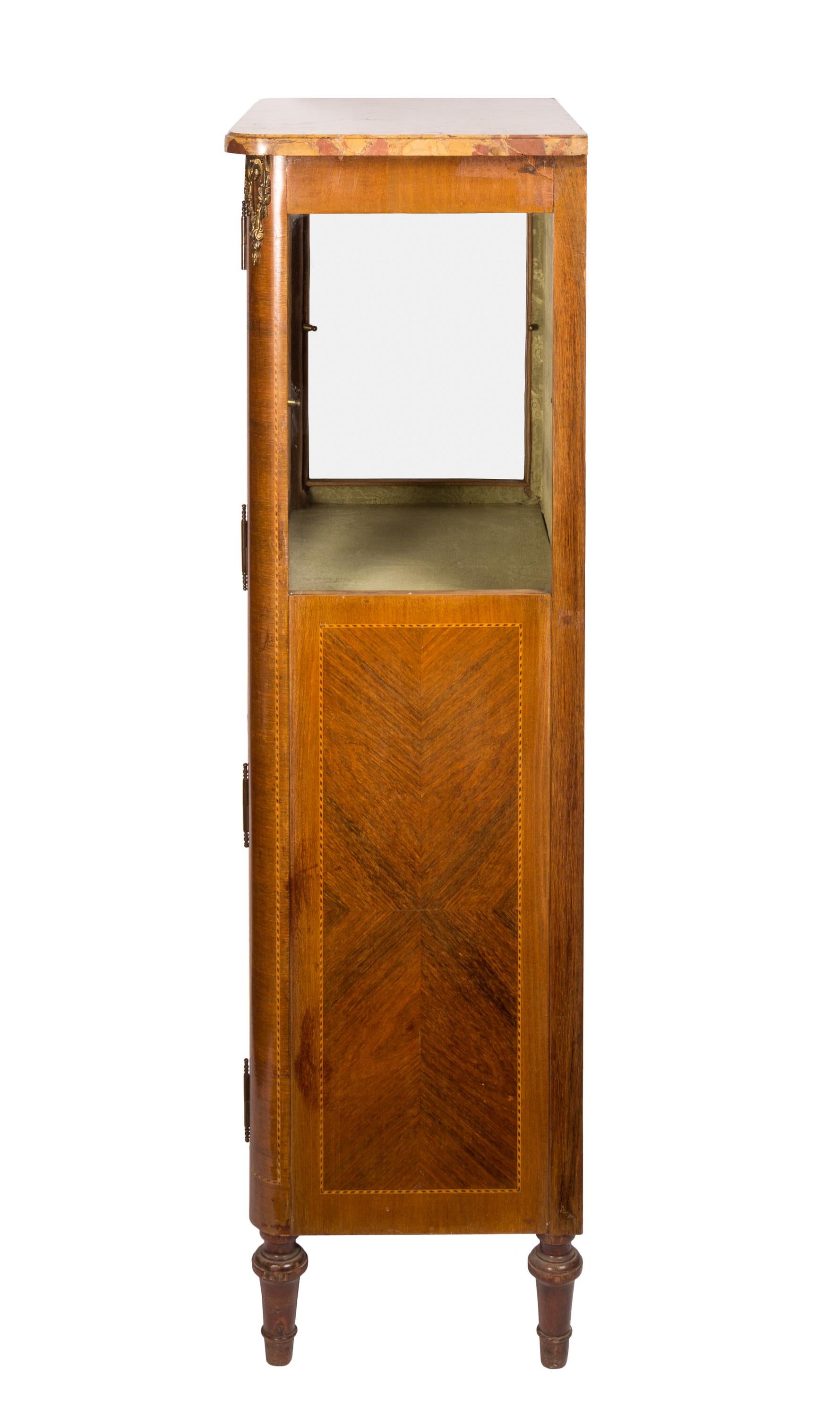 19th Century Small Louis XVI Style Vitrine with Marquetry, Ormolu Hardware and Marble Top For Sale
