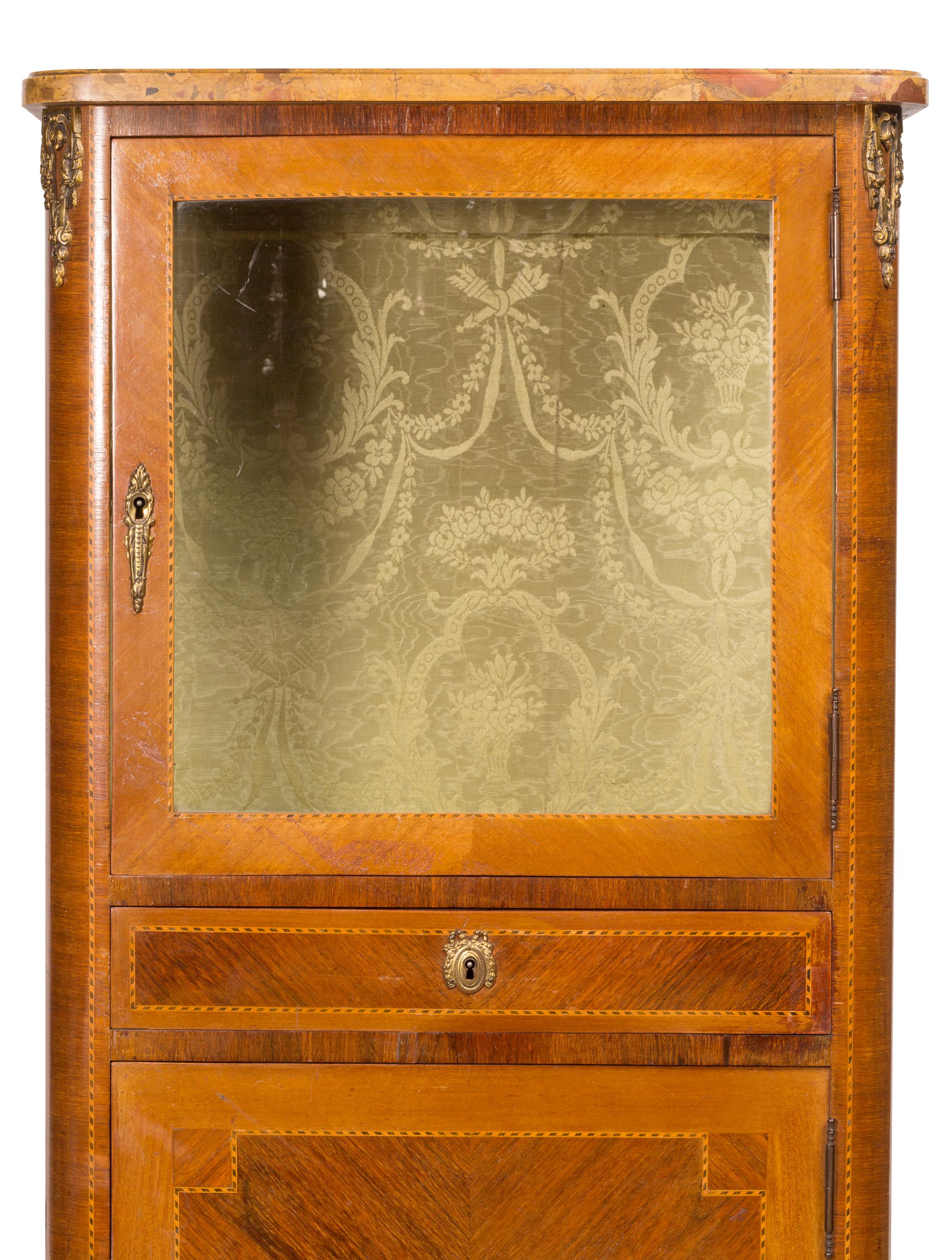 Small Louis XVI Style Vitrine with Marquetry, Ormolu Hardware and Marble Top For Sale 1