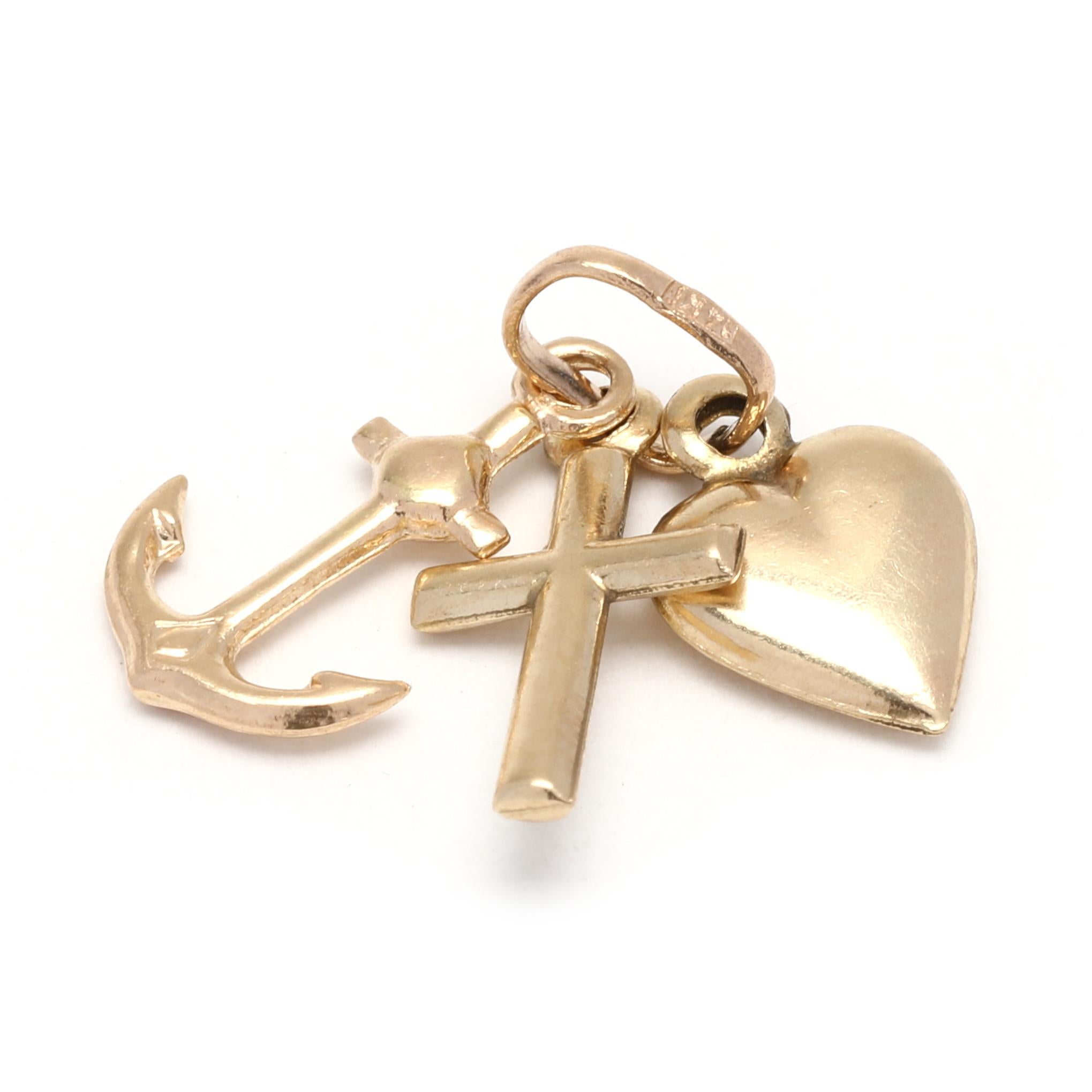 This small 14K yellow gold love, faith, and hope charm is perfect for adding a meaningful touch to any jewelry piece. The charm features an anchor, heart, and cross, symbolizing the three elements of love, faith, and hope. Measuring 5/8 inch in