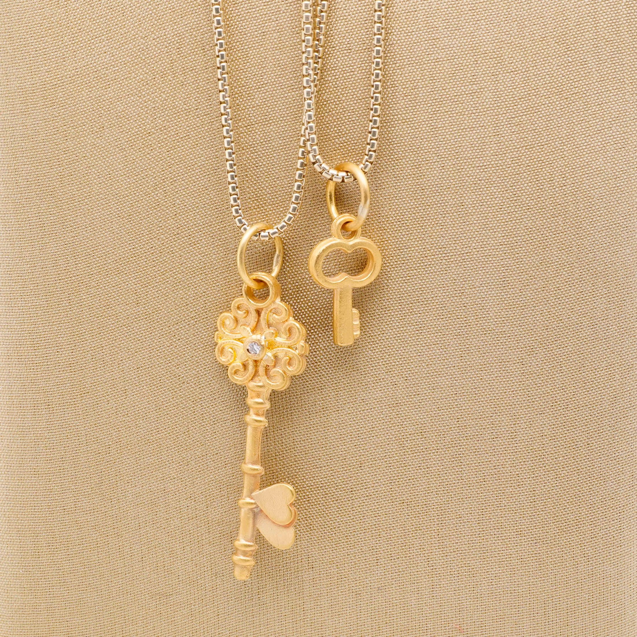 Edwardian Small Love Key Charm Pendant Necklace with Diamond, 24kt Solid Gold For Sale