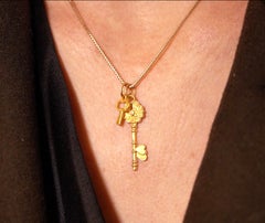 Small Love Key Charm Pendant Necklace with Diamond, 24kt Solid Gold