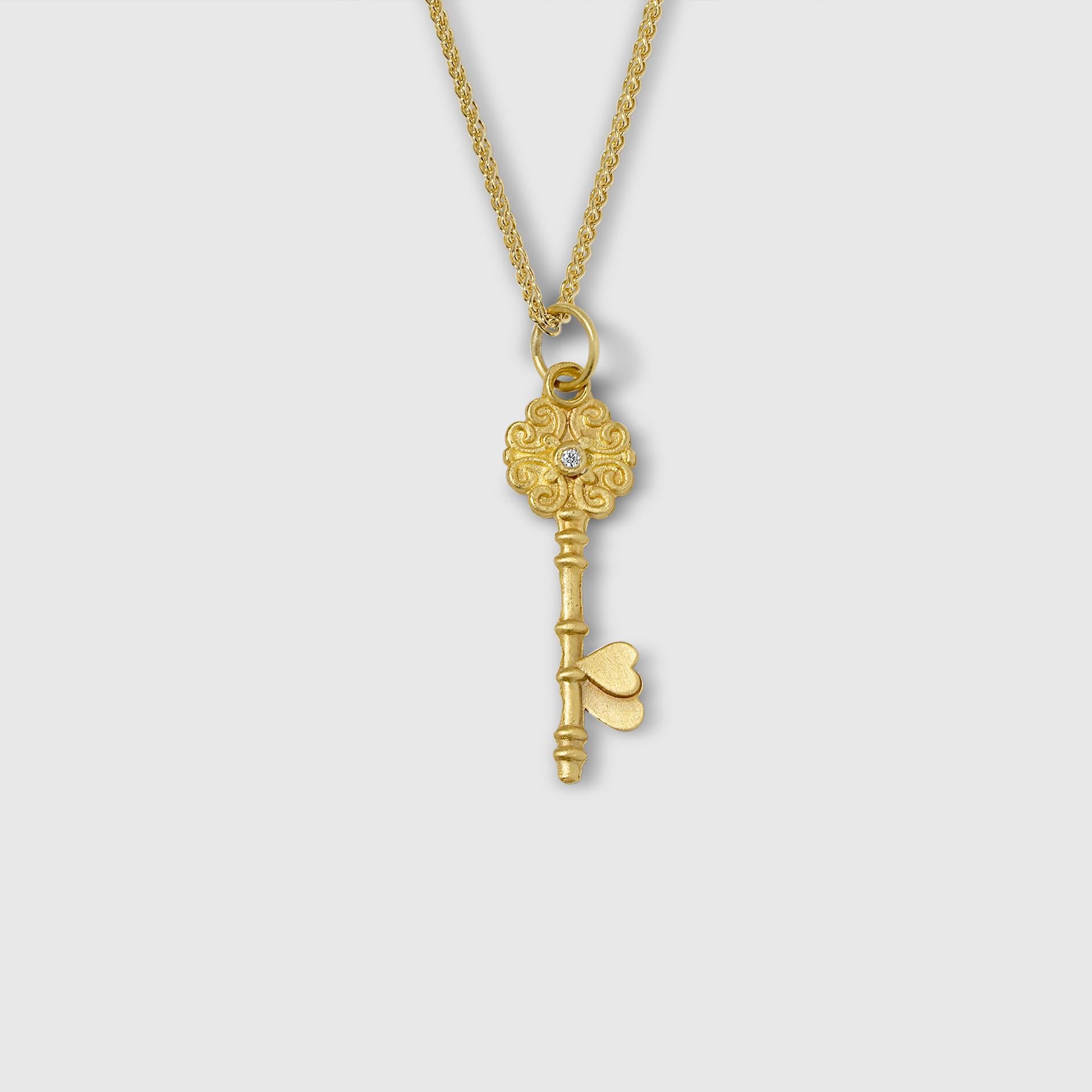 Round Cut Small Love Key Charm Pendant Necklace with Diamond, 24kt Solid Gold For Sale