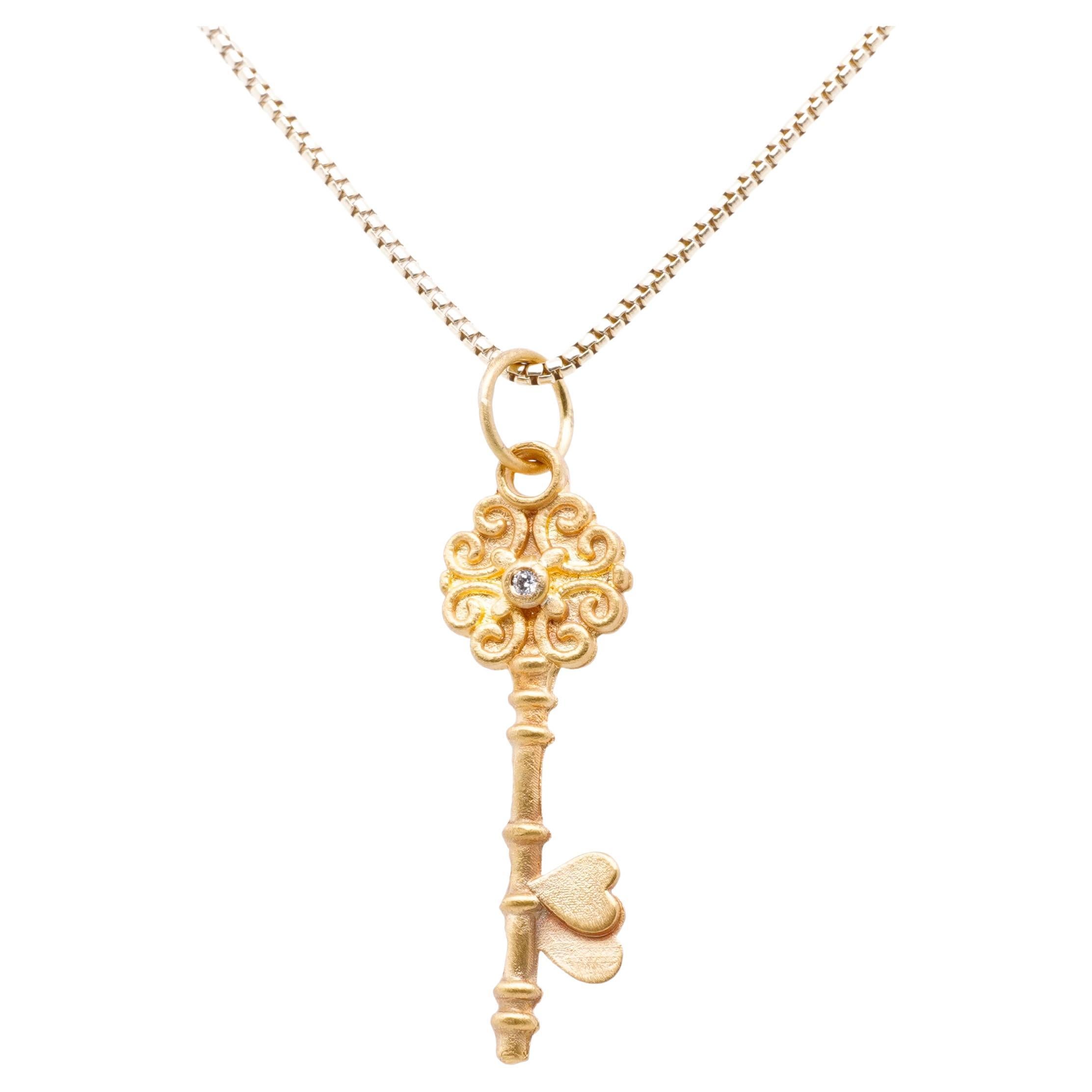 Miniature Key Charm Pendant Necklace, 24kt Solid Gold For Sale at 1stDibs