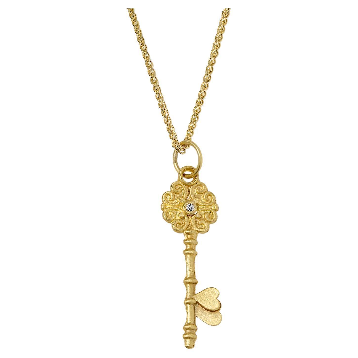 Small Love Key Charm Pendant Necklace with Diamond, 24kt Solid Gold For Sale