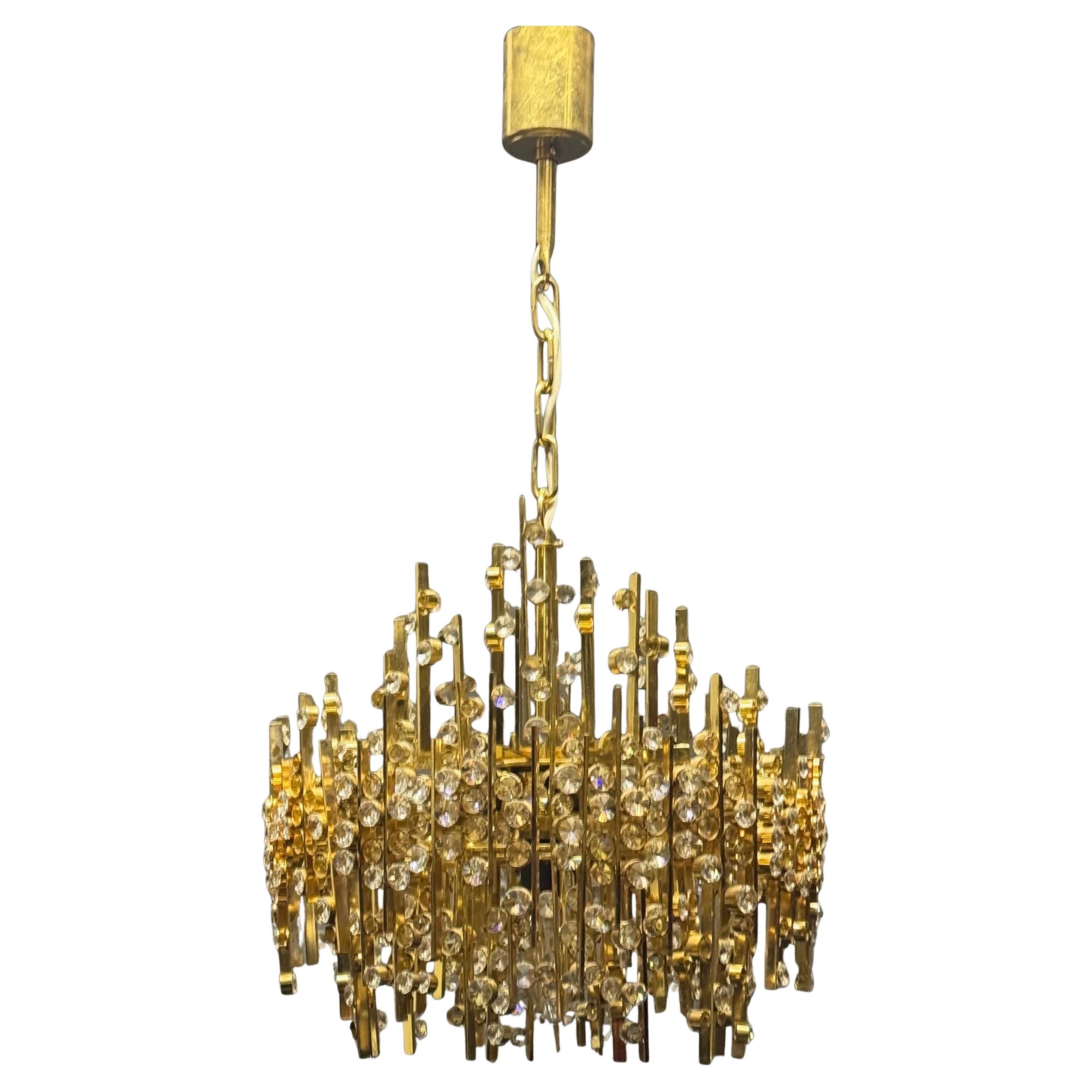 Small Lovely "Entchanting Light" Gilt Brass Glass Chandelier by Palwa, 1960s For Sale