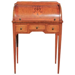Small Lovely French Antique Marquetry Cylinder Bureau Desk