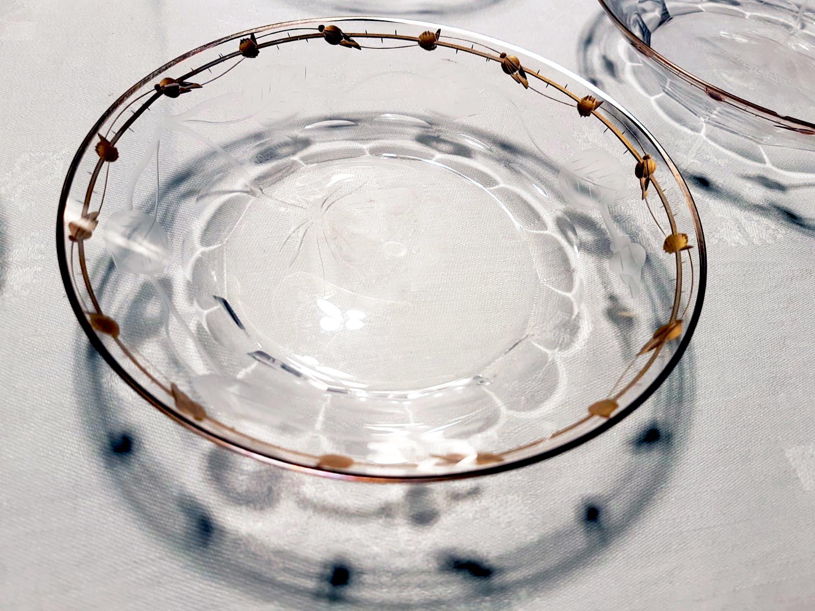 Czech Small Low Bowls Art Nouveau Hand Blown, Engraved, Gilded Rose 'Paula' by Moser