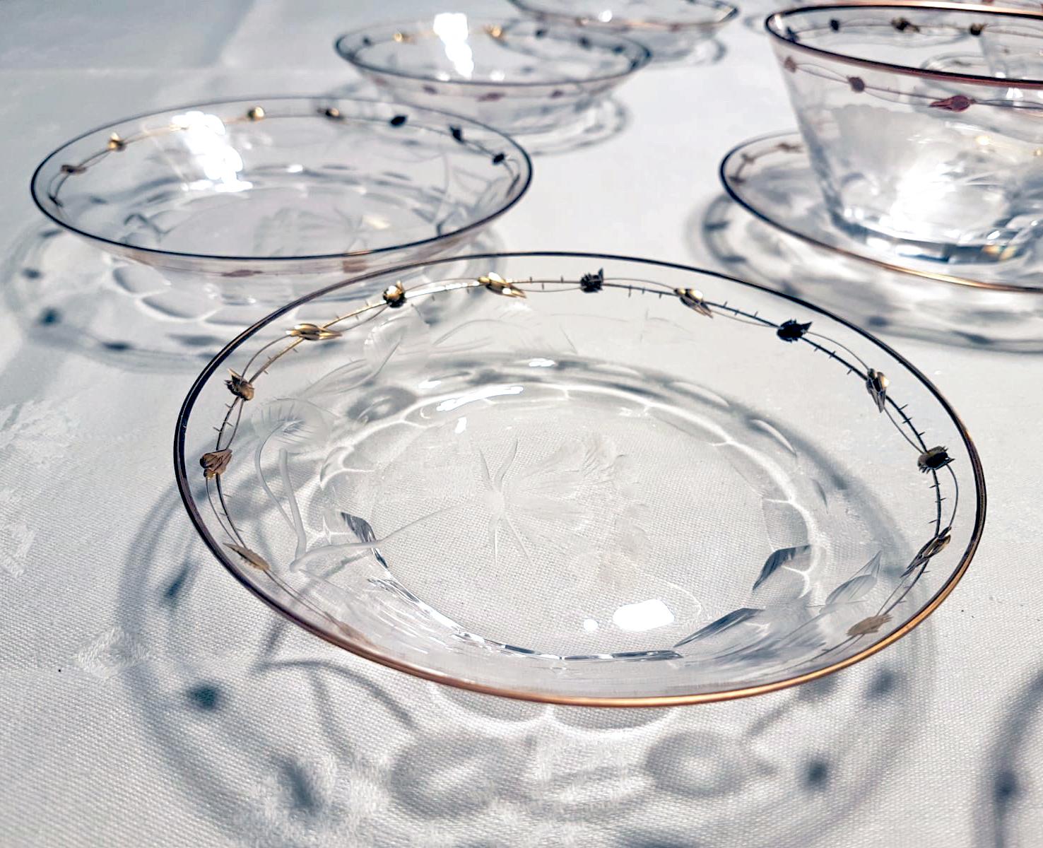 19th Century Small Low Bowls Art Nouveau Hand Blown, Engraved, Gilded Rose 'Paula' by Moser
