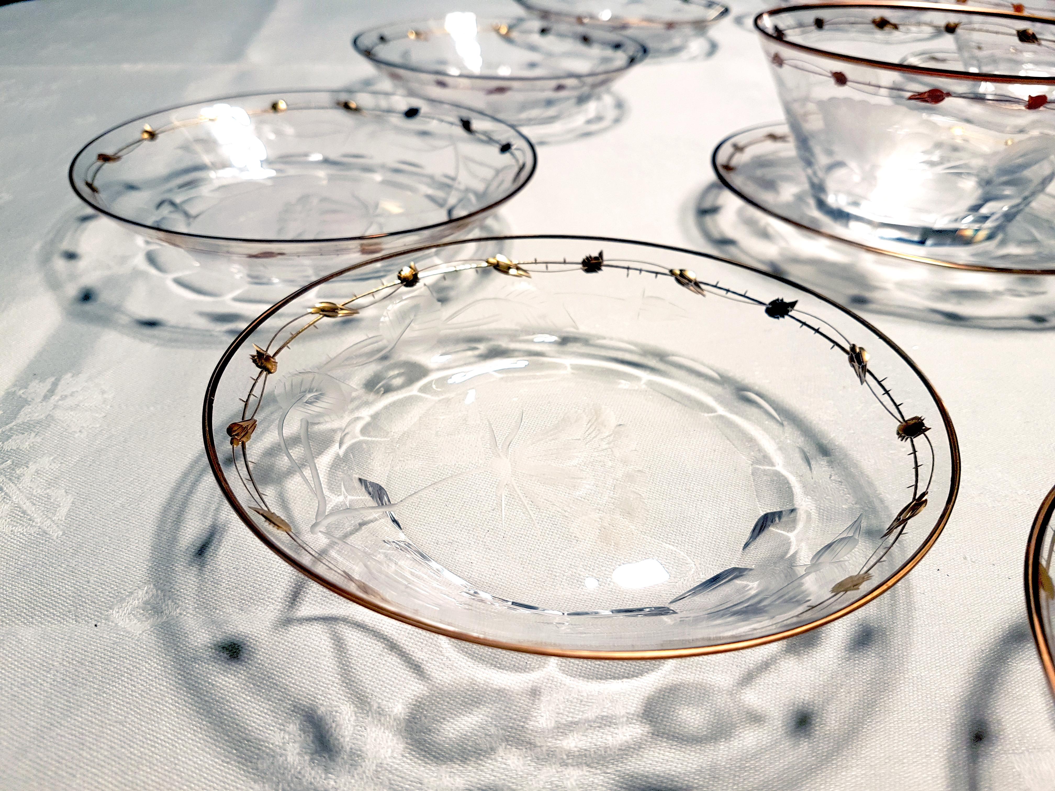 Gold Small Low Bowls Art Nouveau Hand Blown, Engraved, Gilded Rose 'Paula' by Moser
