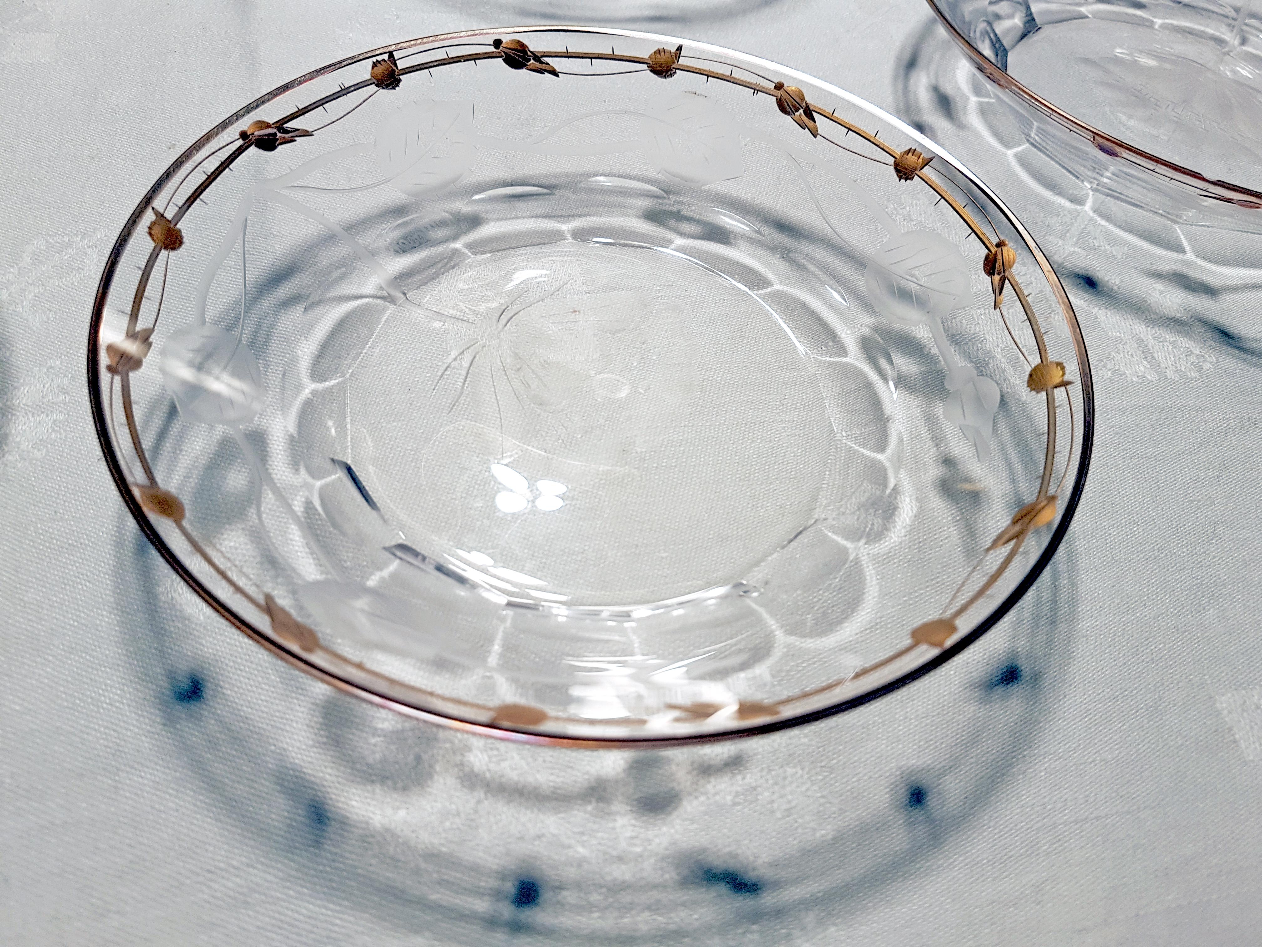 Small Low Bowls Art Nouveau Hand Blown, Engraved, Gilded Rose 'Paula' by Moser 1