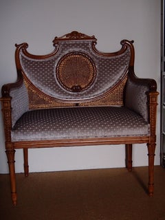 Small Louis XV Sofa Walnut and Pale Beige Velvet Golden Wickerwork