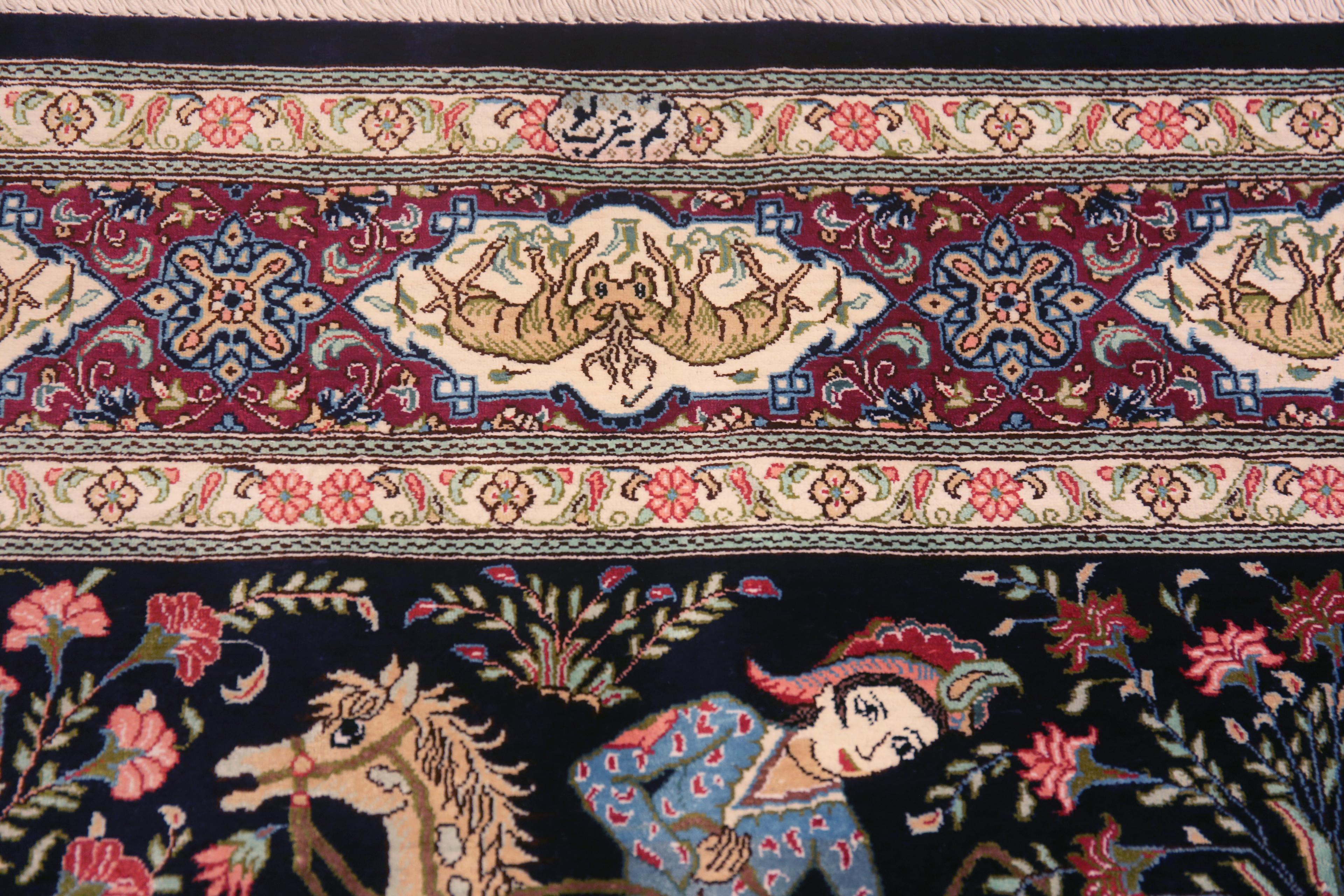 Intricate Small Luxurious Vintage Hunting Scene Design Silk Persian Qum Rug, country of origin: Persian Rugs, Circa date: Vintage