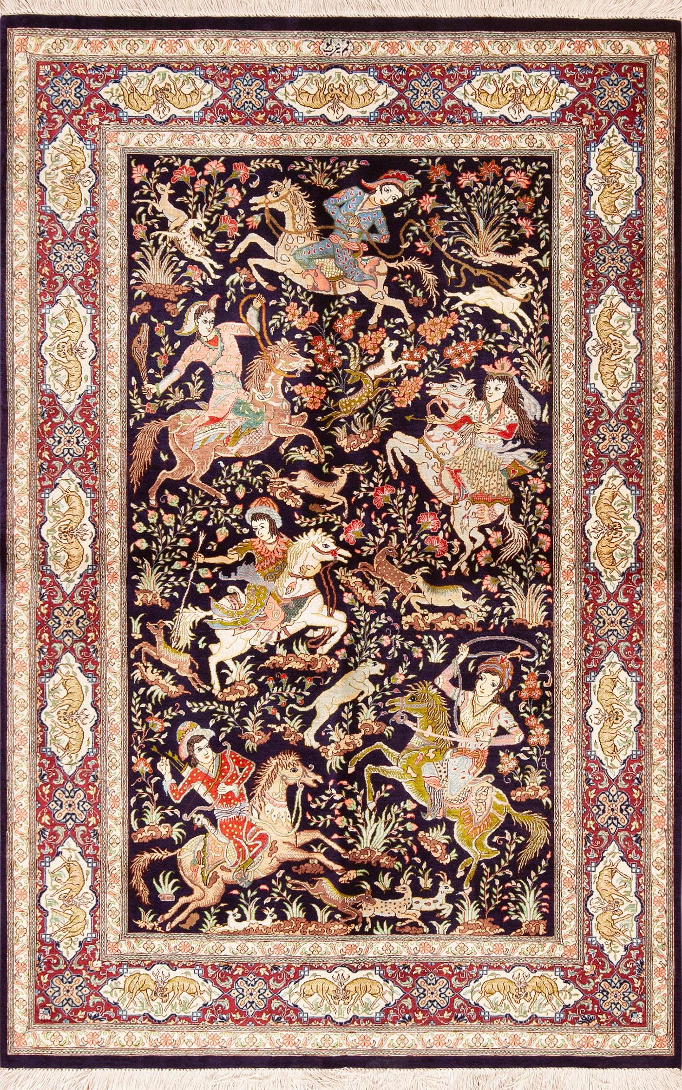 Tabriz Small Luxurious Vintage Hunting Scene Design Silk Persian Qum Rug 3'4