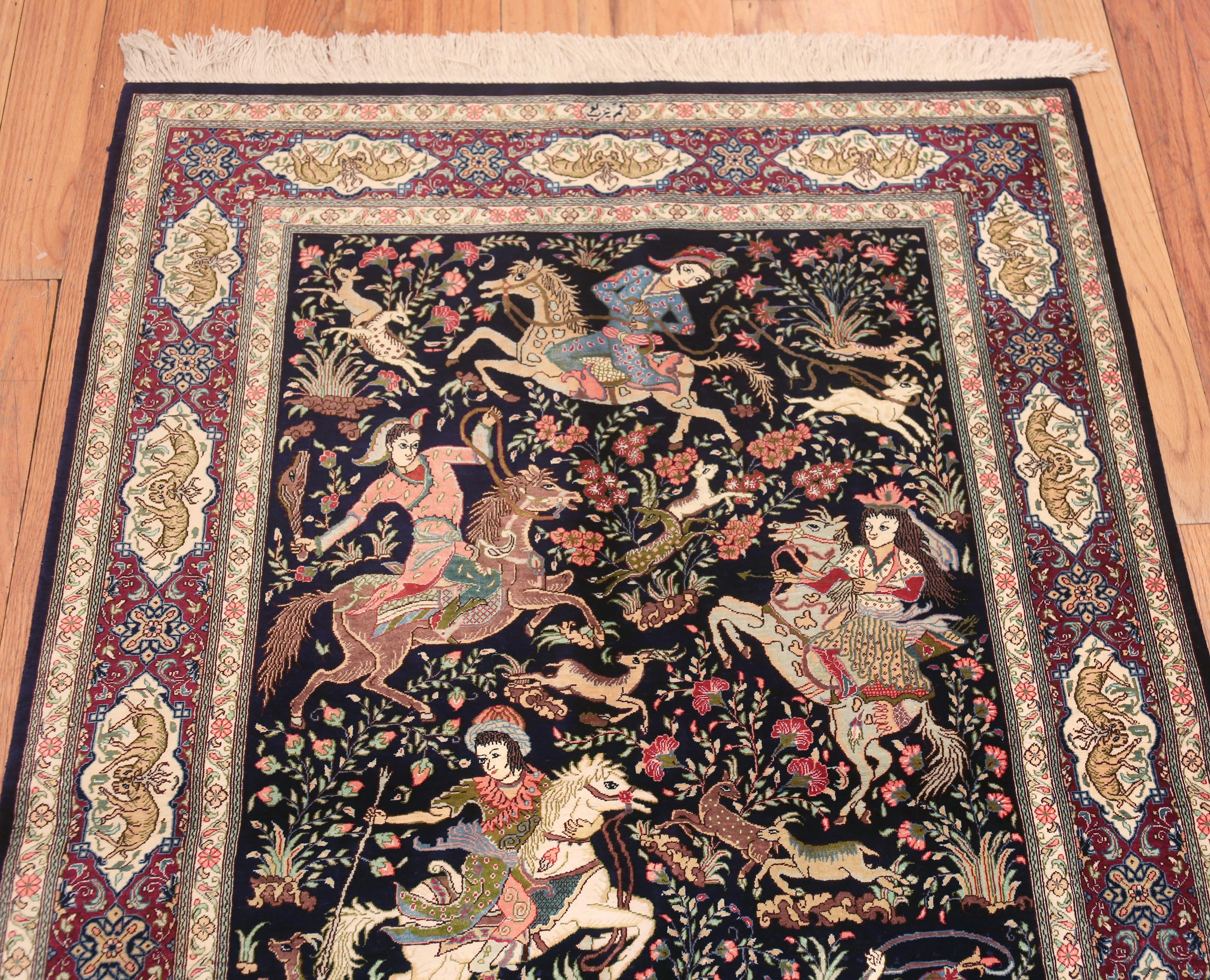 Hand-Knotted Small Luxurious Vintage Hunting Scene Design Silk Persian Qum Rug 3'4