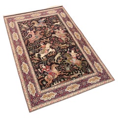 Petit tapis persan Qum vintage luxueux à motif de scène de chasse 3'4" x 5'1"