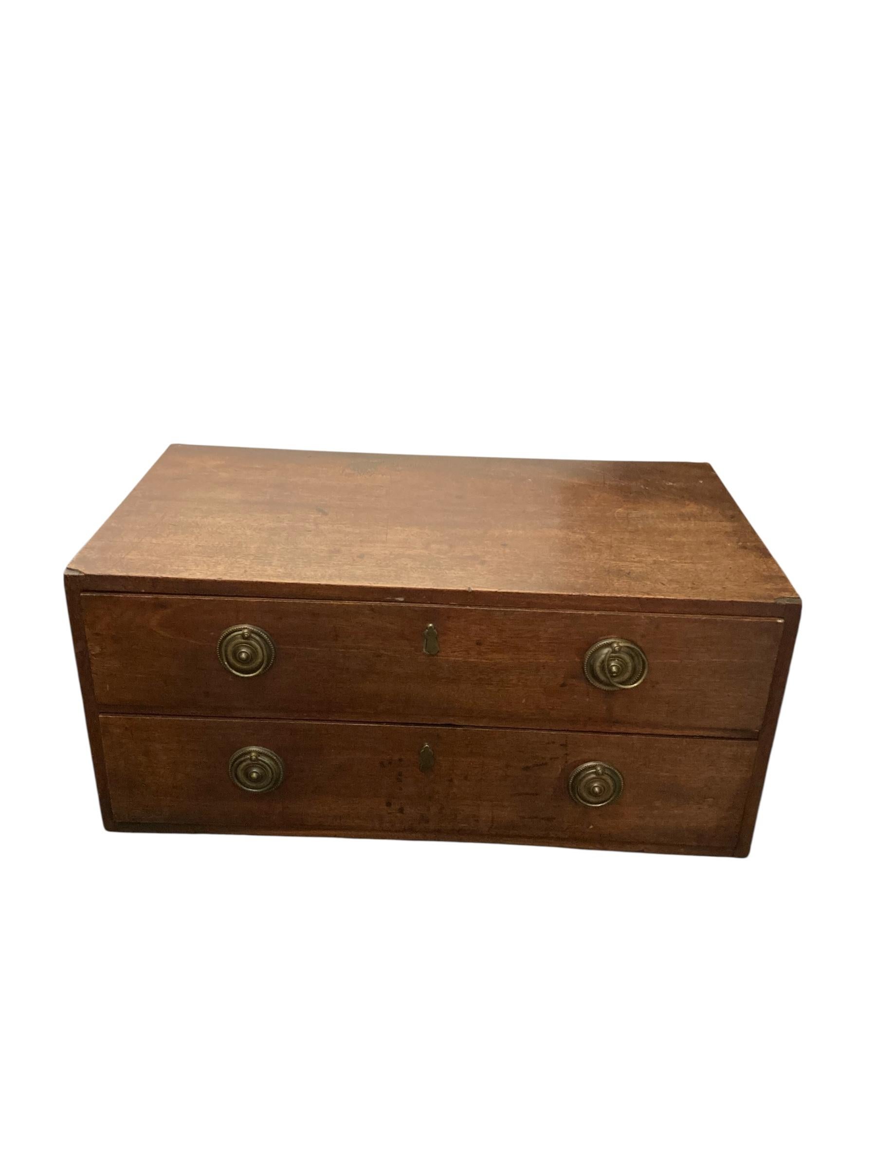 European Small Mahogany Campaign style chest of two drawers CIRCA Late 1800's For Sale