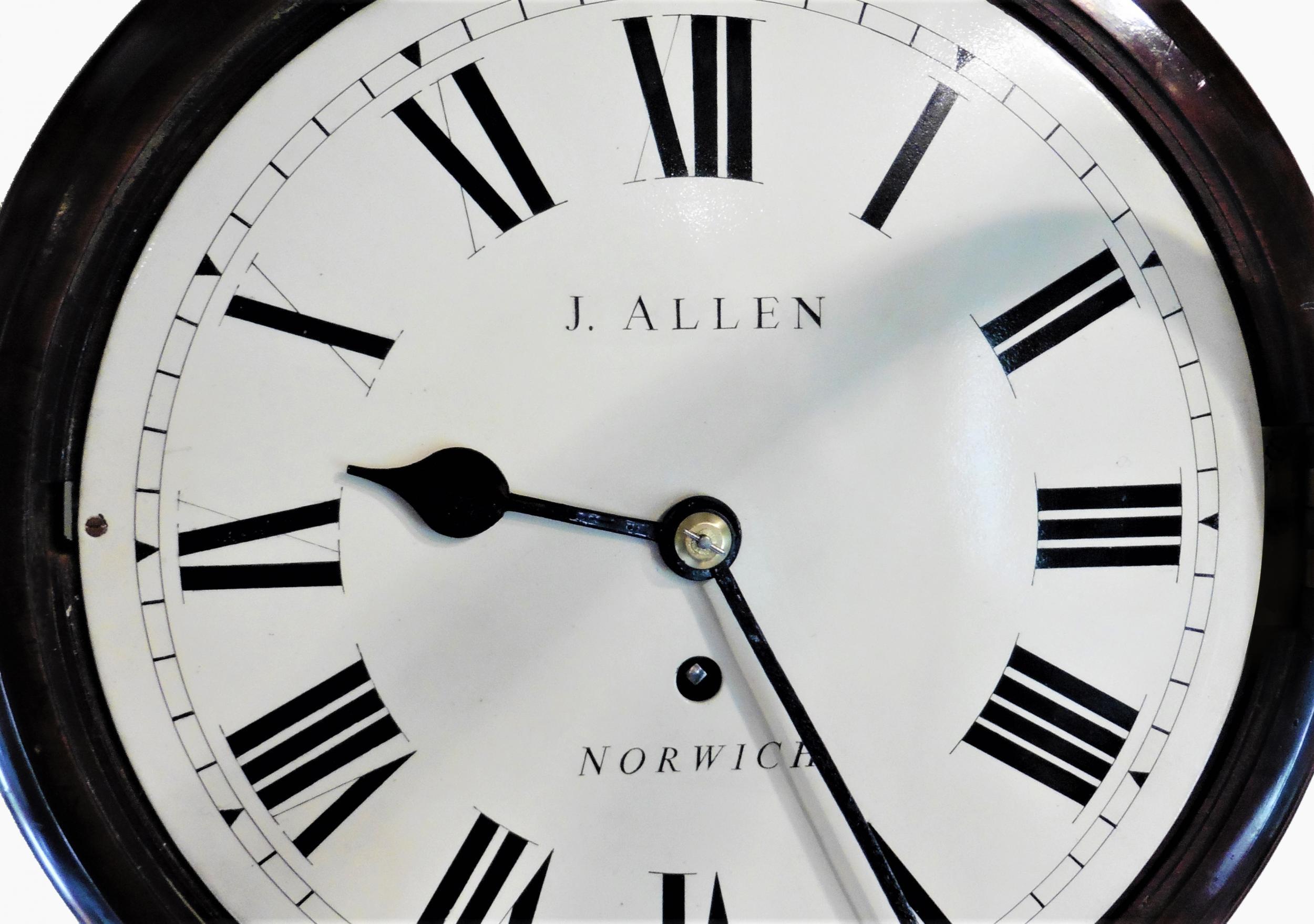 English dial clock by J.Allen, Norwich


Mahogany round dial wall clock with brass bezel, inspection door to the side and bottom door to allow access for the pendulum.

Nine and three quarter in painted dial with Roman numerals, original steel hands