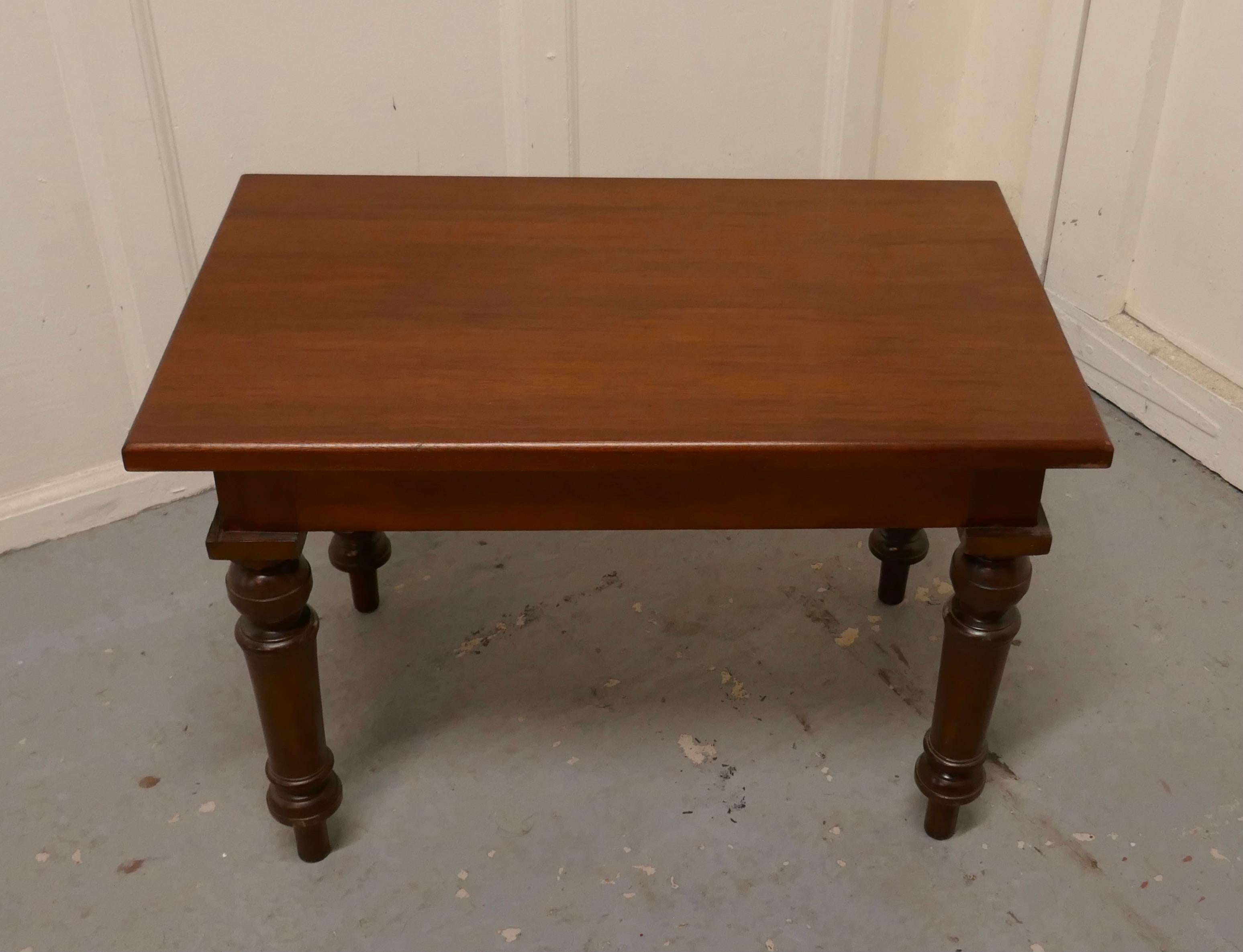 Small mahogany occasional table

This is a elegant piece, it has a deep apron to the top and it stands on neat turned legs 
The Table is in good condition it is 25.5” wide, 17.5” tall and 16” deep
TGB692.