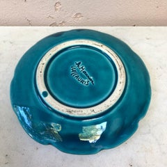 Small Majolica Aqua Wild Rose Flower Plate Vallauris, circa 1930