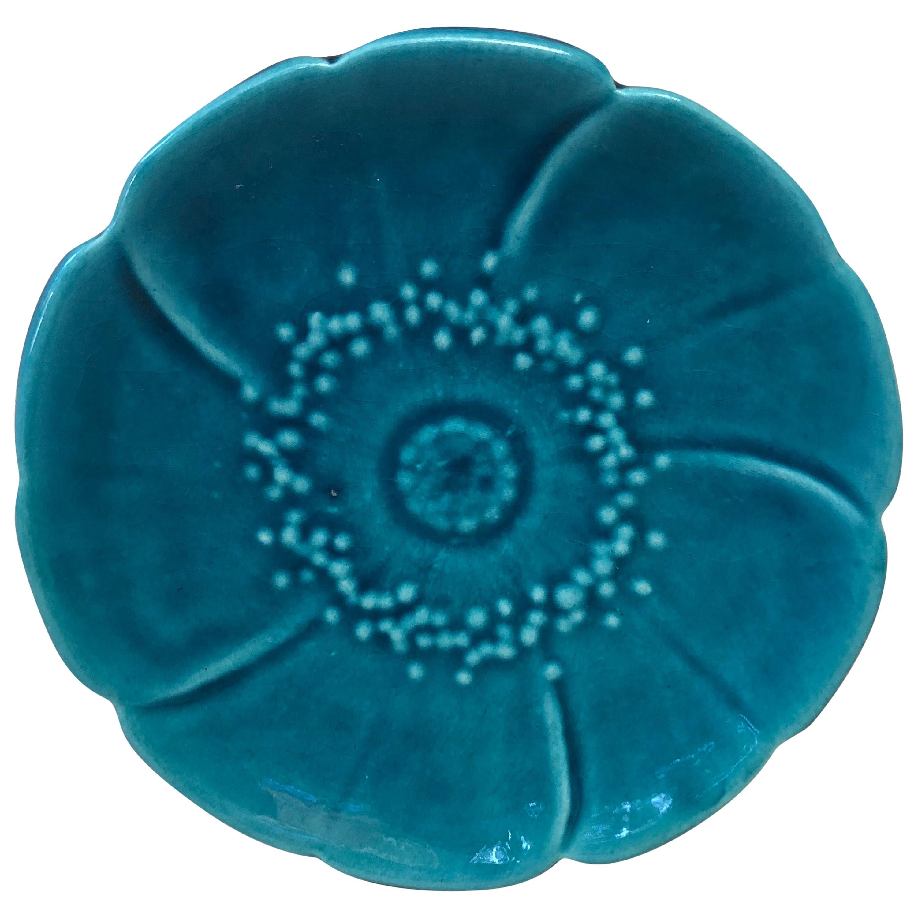 Small Majolica Aqua Wild Rose Flower Plate Vallauris, circa 1930