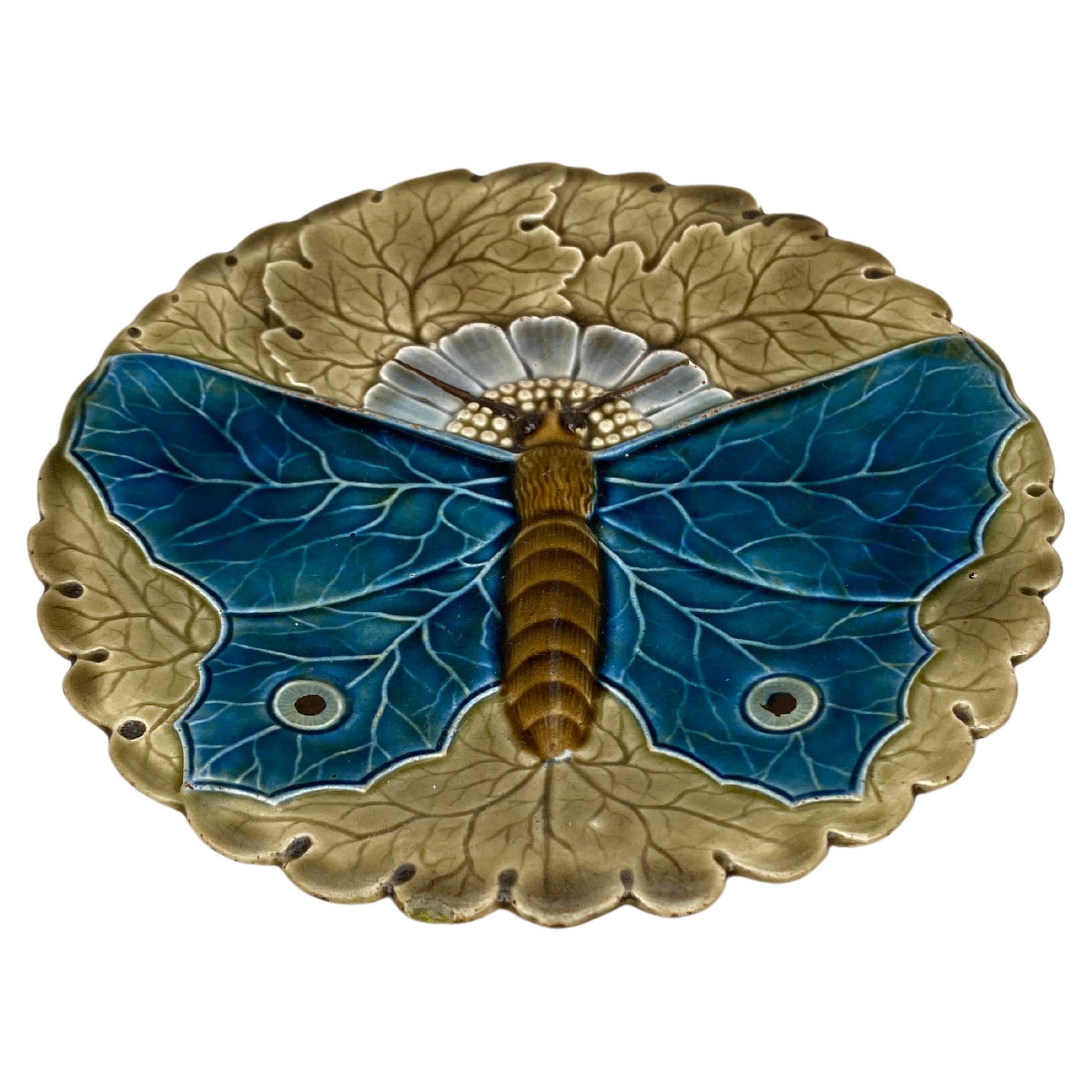 Majolica butterfly plate Josef Steidl Znaim, circa 1890.
6.4 inches diameter.