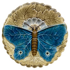 Small Majolica Blue Butterfly Plate Josef Steidl Znaim, circa 1890