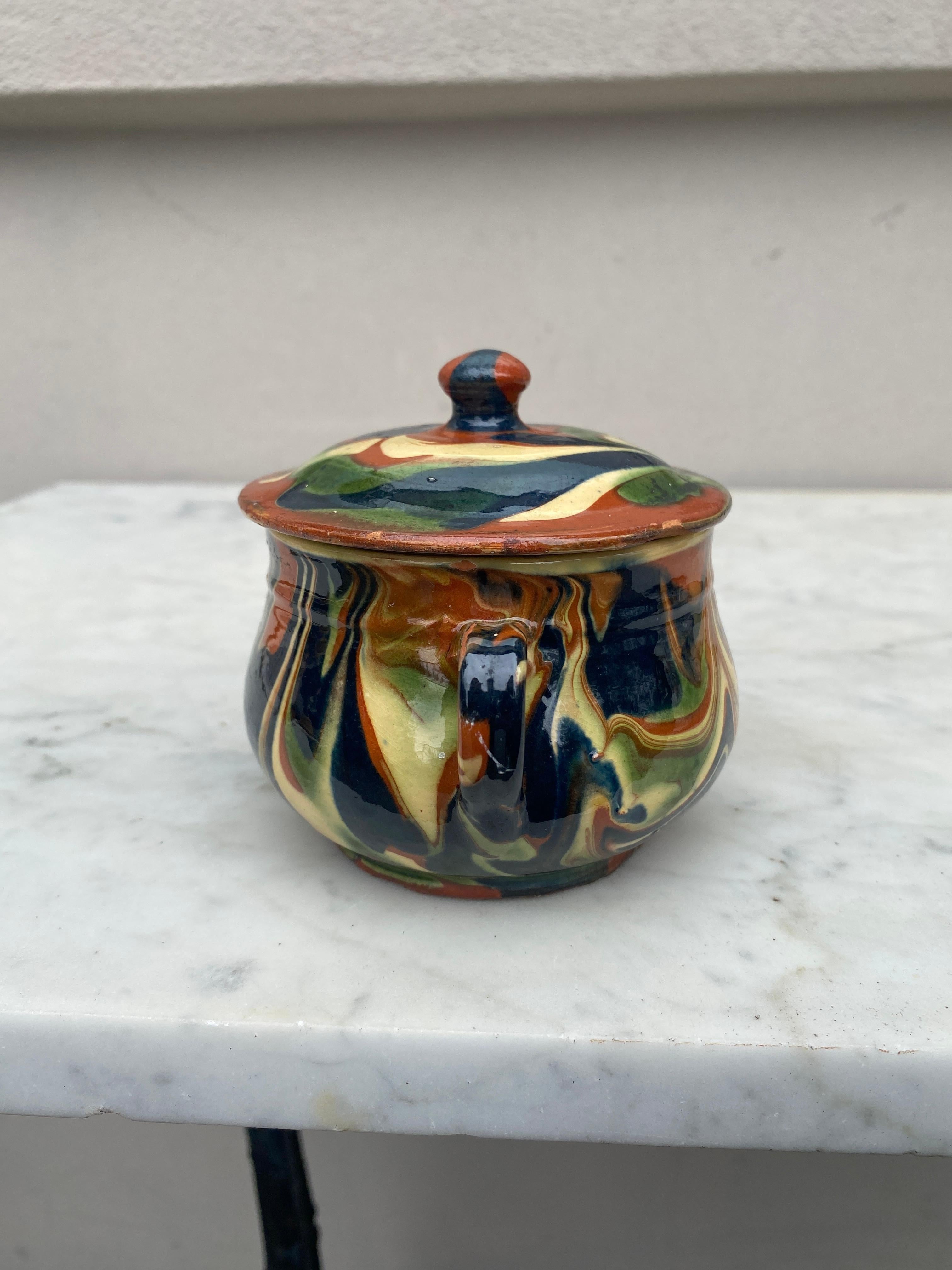 French Provincial Small Majolica Lidded Tureen Mixed Earths , circa 1890 For Sale