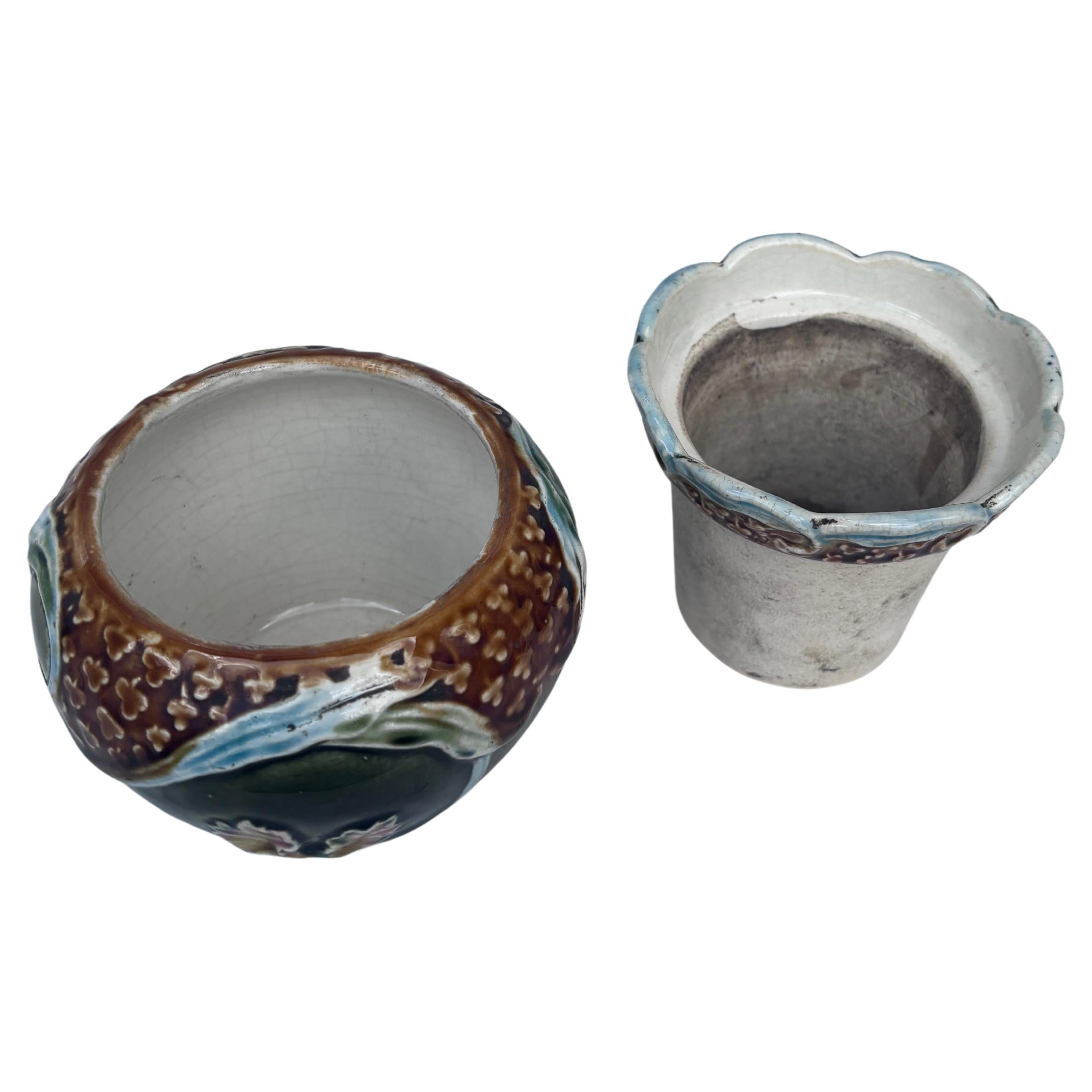 French Small Majolica Orchid Cache Pot Fives Lille, circa 1890 For Sale
