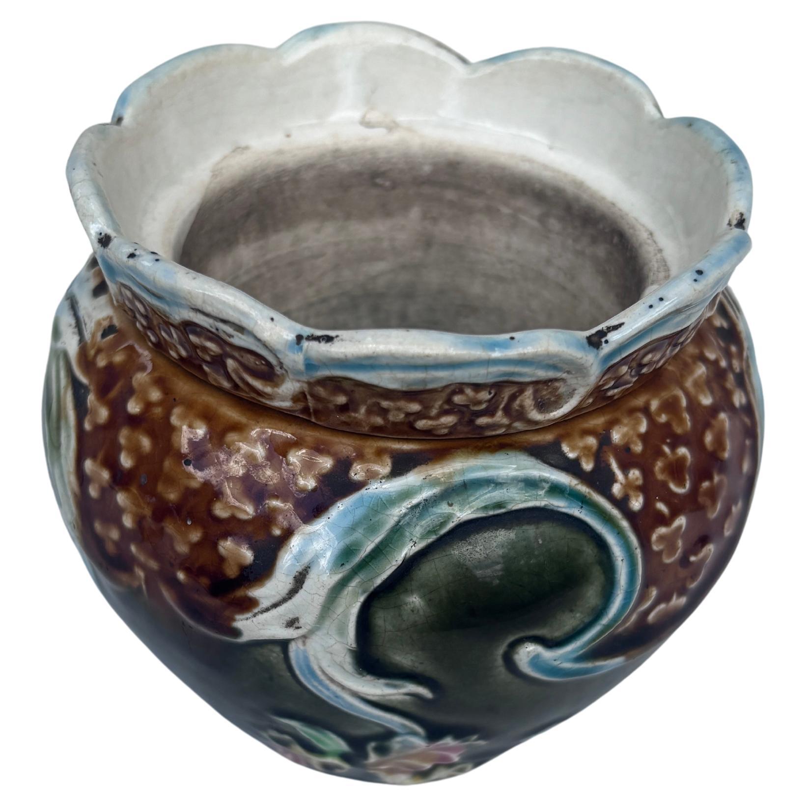 Art Nouveau Small Majolica Orchid Cache Pot Fives Lille, circa 1890 For Sale