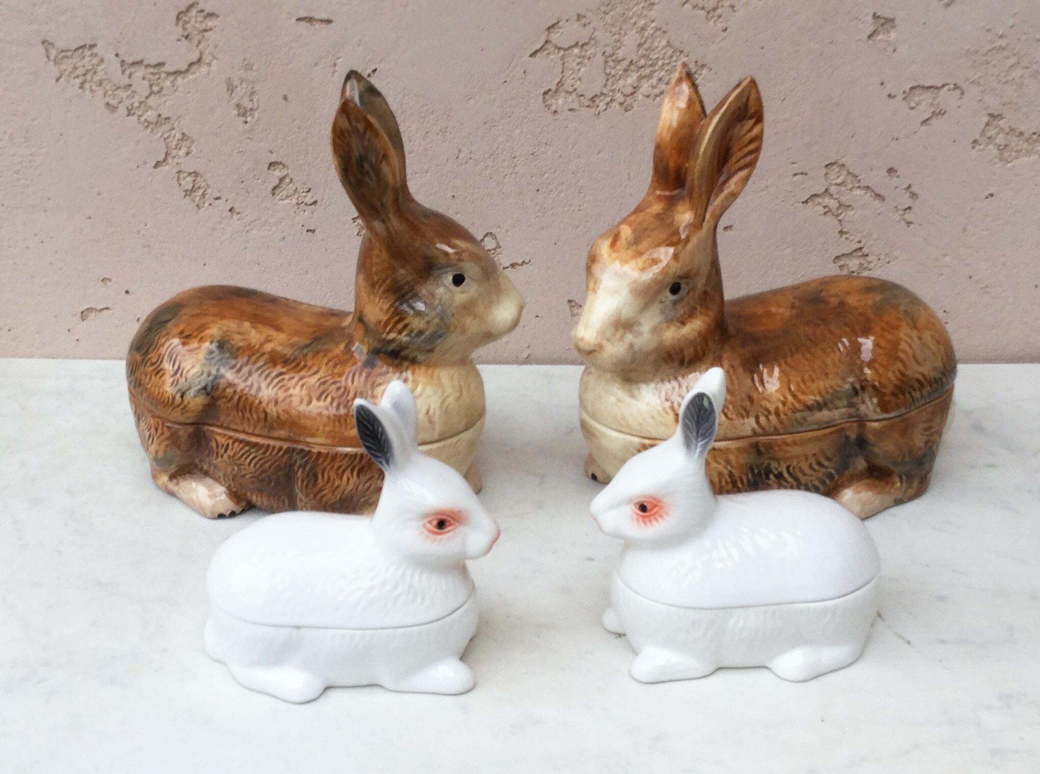 French Small Majolica Pate White Rabbit Tureen For Sale