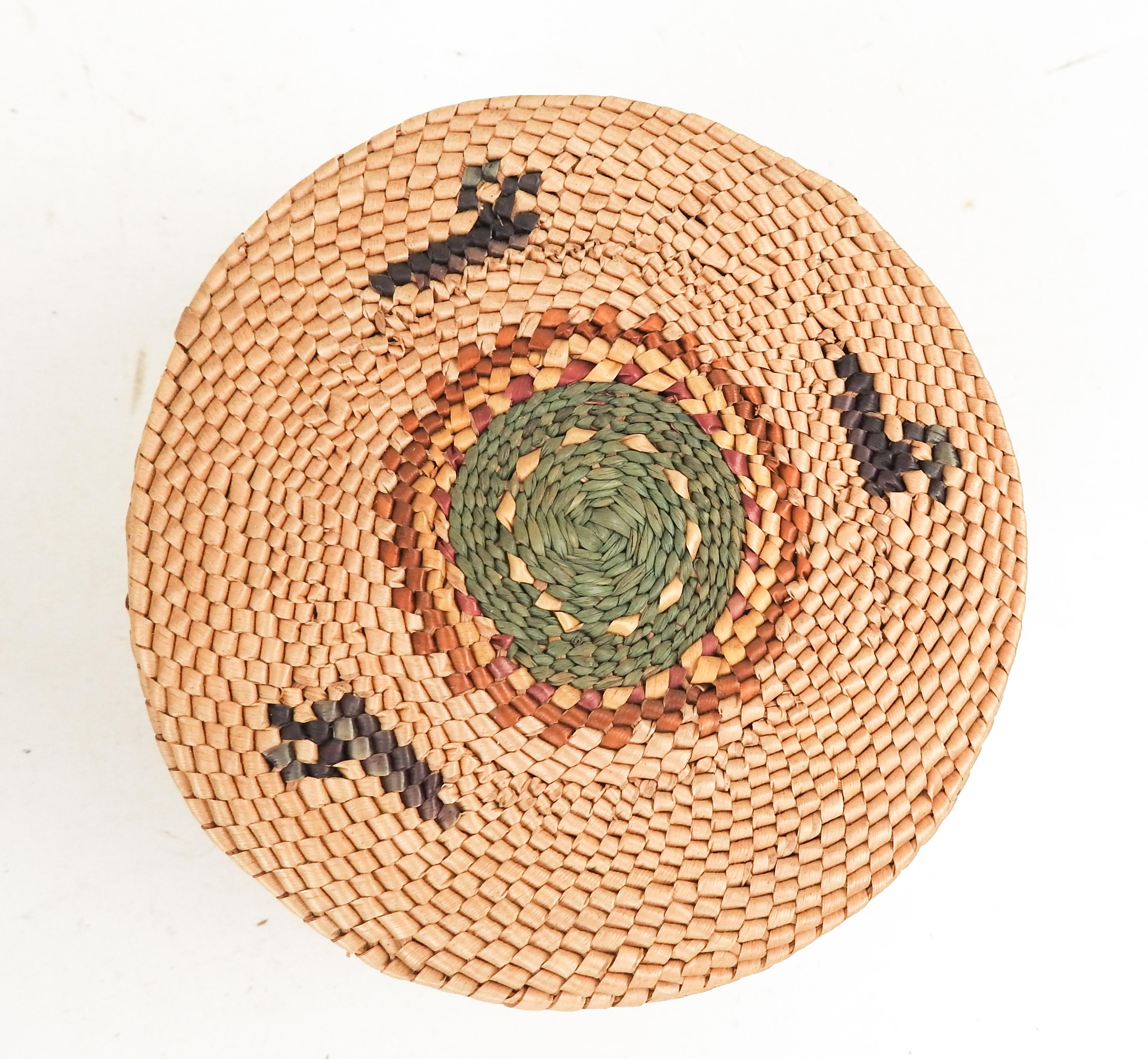 Early 20th century finely woven Makah or Nuu-chah-nulth Indian Basket.  Ducks on body and lid, green and red banding.  The Nuu-chah-nulth inhabit the west coast of Vancouver Island, the Makah, are across the straight in Washington. Both tribes made