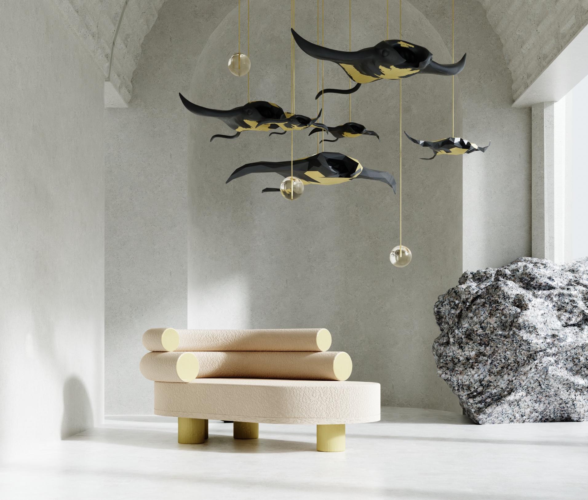 Small Mantas Ray Chandelier by Kasadamo.
Project with pant
Edition of 10
Dimensions: 120 cm³
Materials: 3D print development, bio-plasty, bio resin, linen fiber, metal finishes when necessary.
Available in other size: 280 cm³

All our lamps can be
