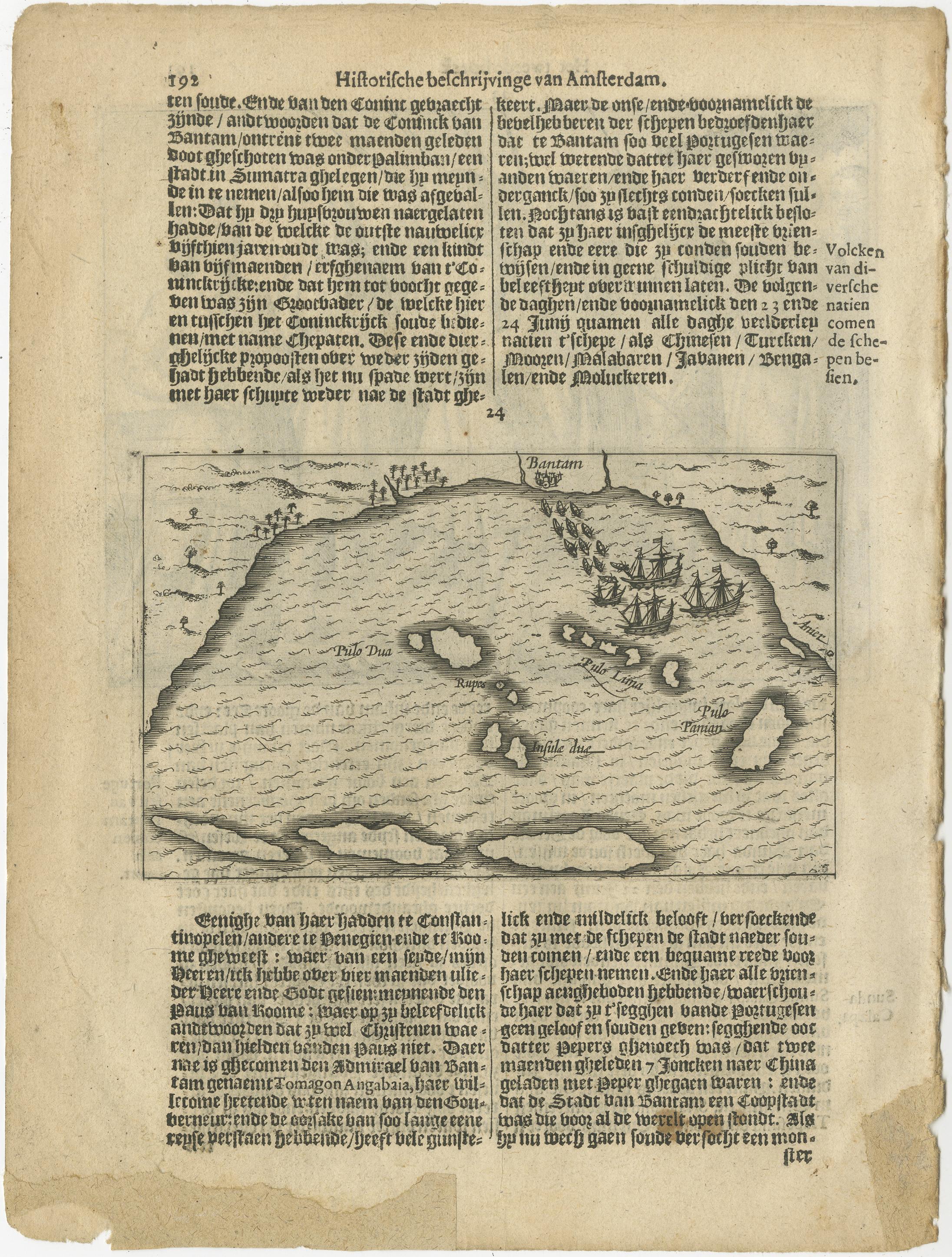 Small Map of Bantam with Dutch Ships and an Engraving of Portugese, 1614 In Good Condition For Sale In Langweer, NL