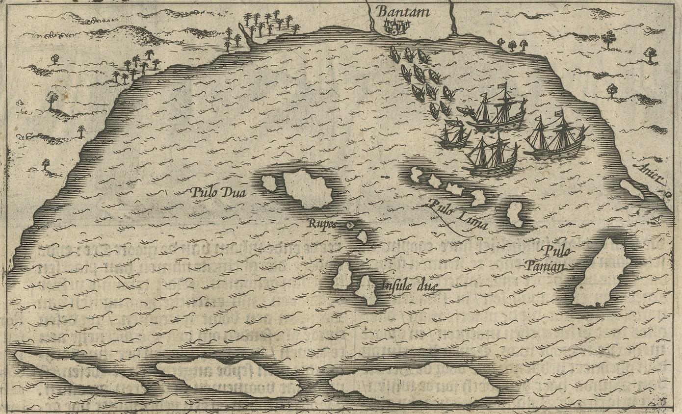17th Century Small Map of Bantam with Dutch Ships and an Engraving of Portugese, 1614 For Sale