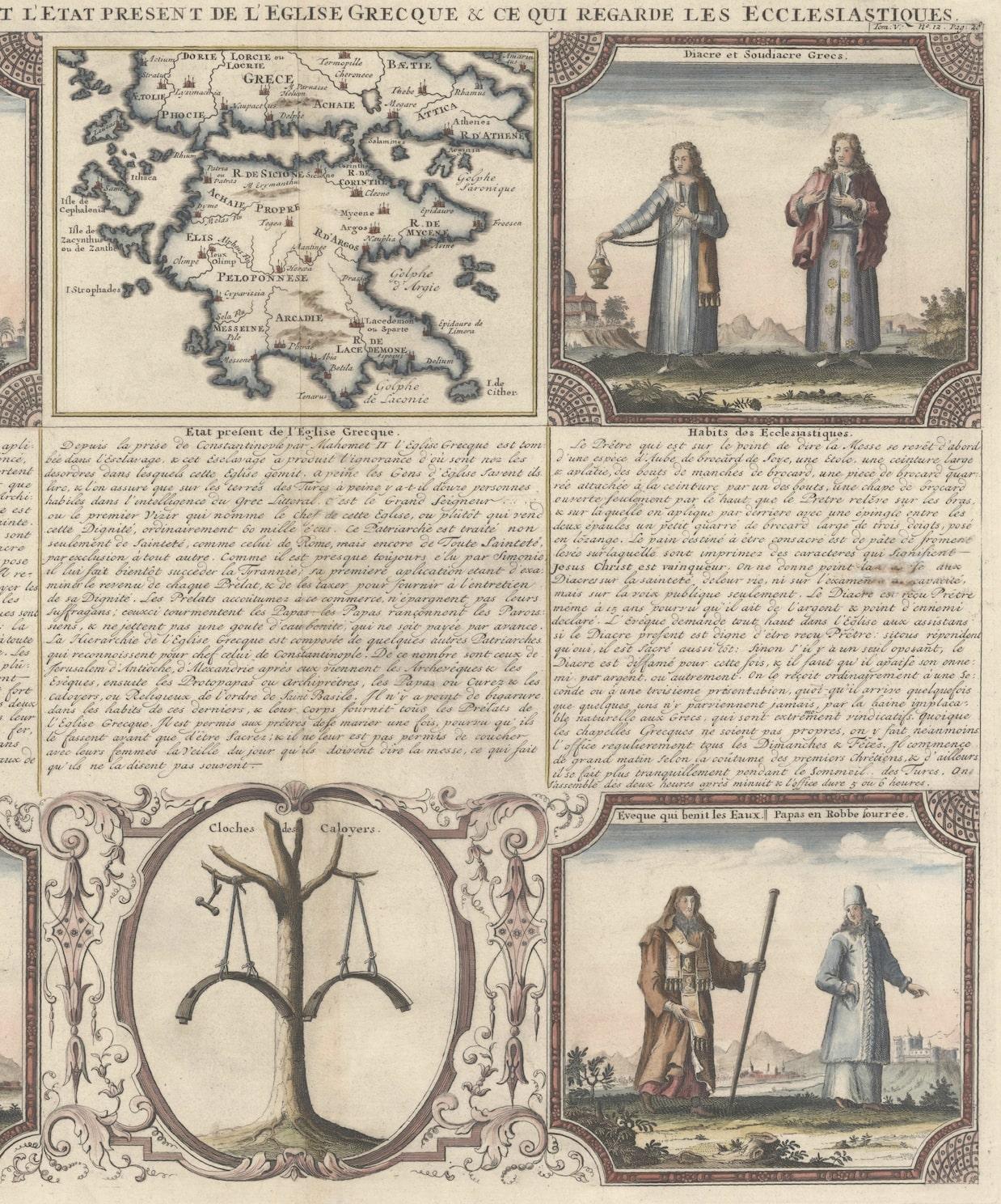 Engraved Small Map of Southern Greece Together with Five Greek Religious Scenes, ca.1720 For Sale
