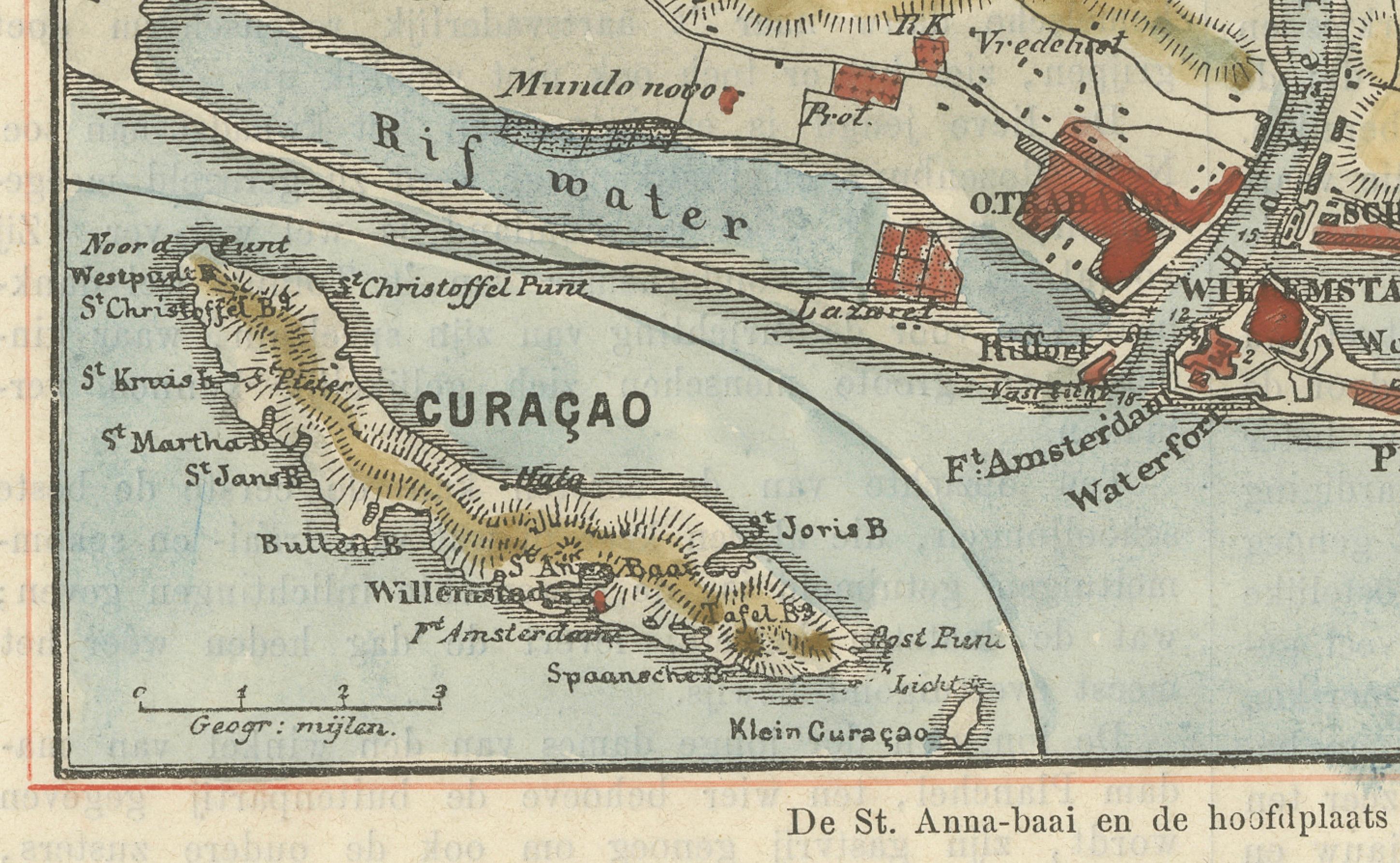 Pequeño mapa de la bahía de Santa Ana y Willemstad, Curaçao - Vista colonial holandesa, c. 1880 Papel en venta