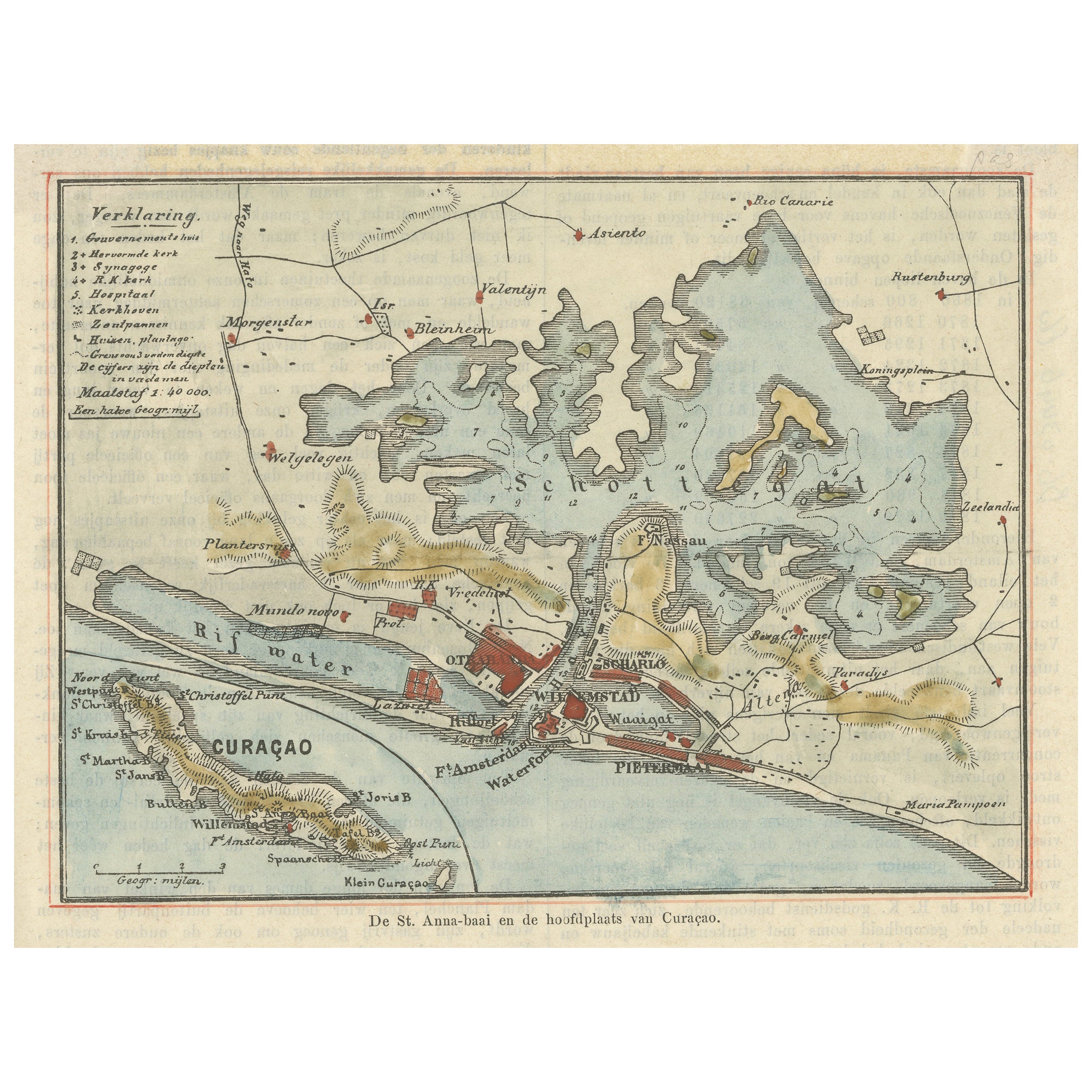 Pequeño mapa de la bahía de Santa Ana y Willemstad, Curaçao - Vista colonial holandesa, c. 1880 en venta