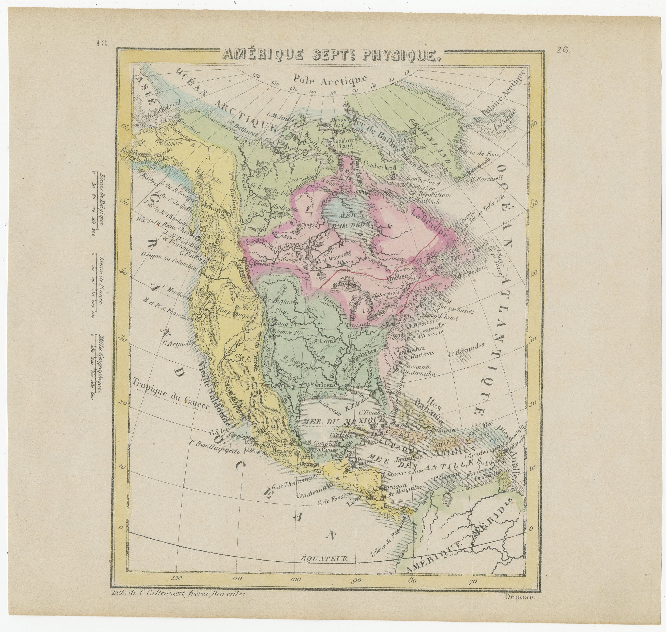 Antique map titled 'Amérique septe. Physique'. Small map of the United States. lithographed by C. Callewaert brothers in Brussels circa 1870.