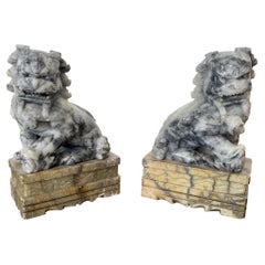 Small Marble Foo Dogs on a Base, a Pair