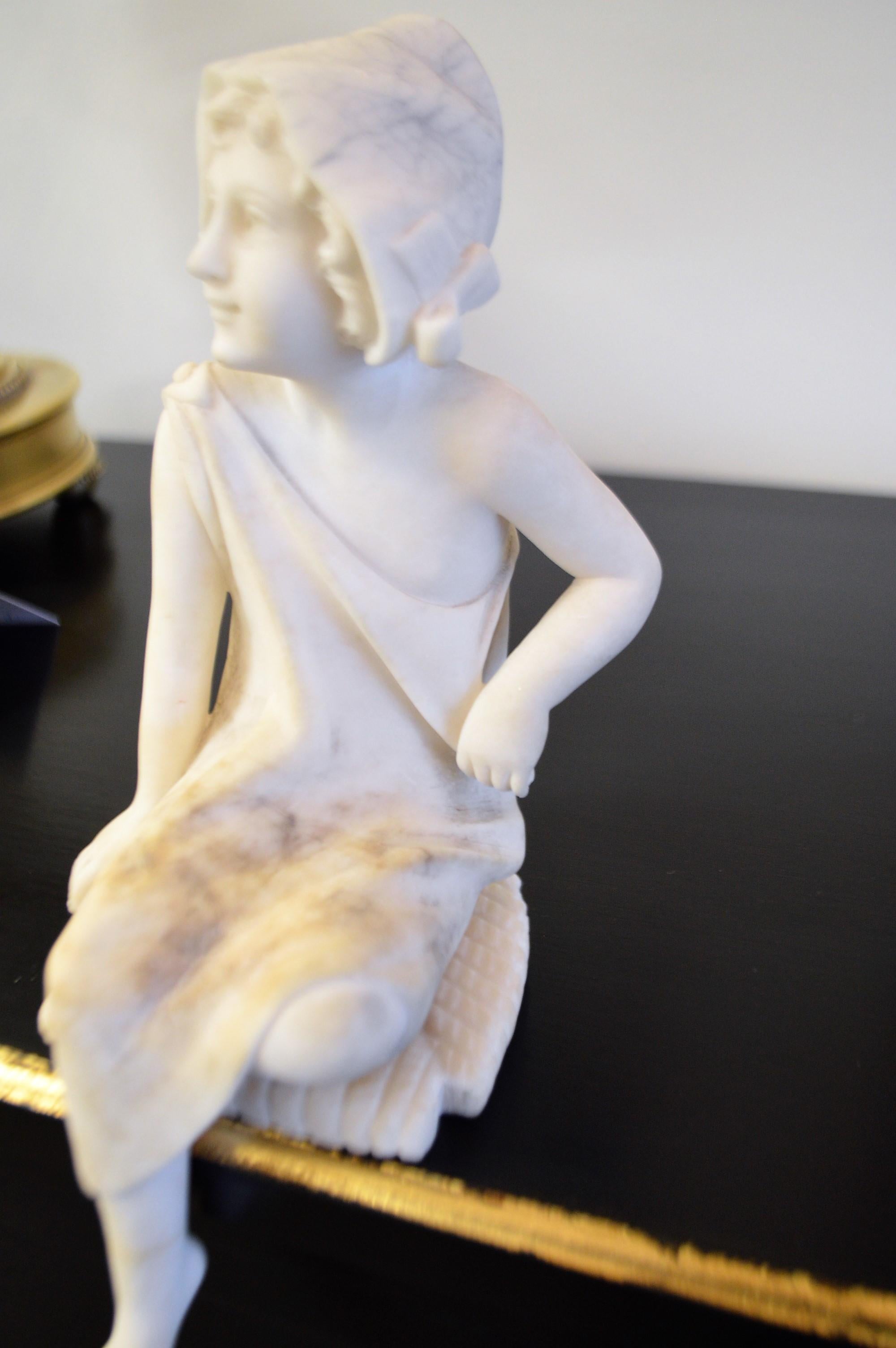 Belle Époque Small Marble of Young Girl Sitting to Be Placed on Edge of a Shelf or Table For Sale